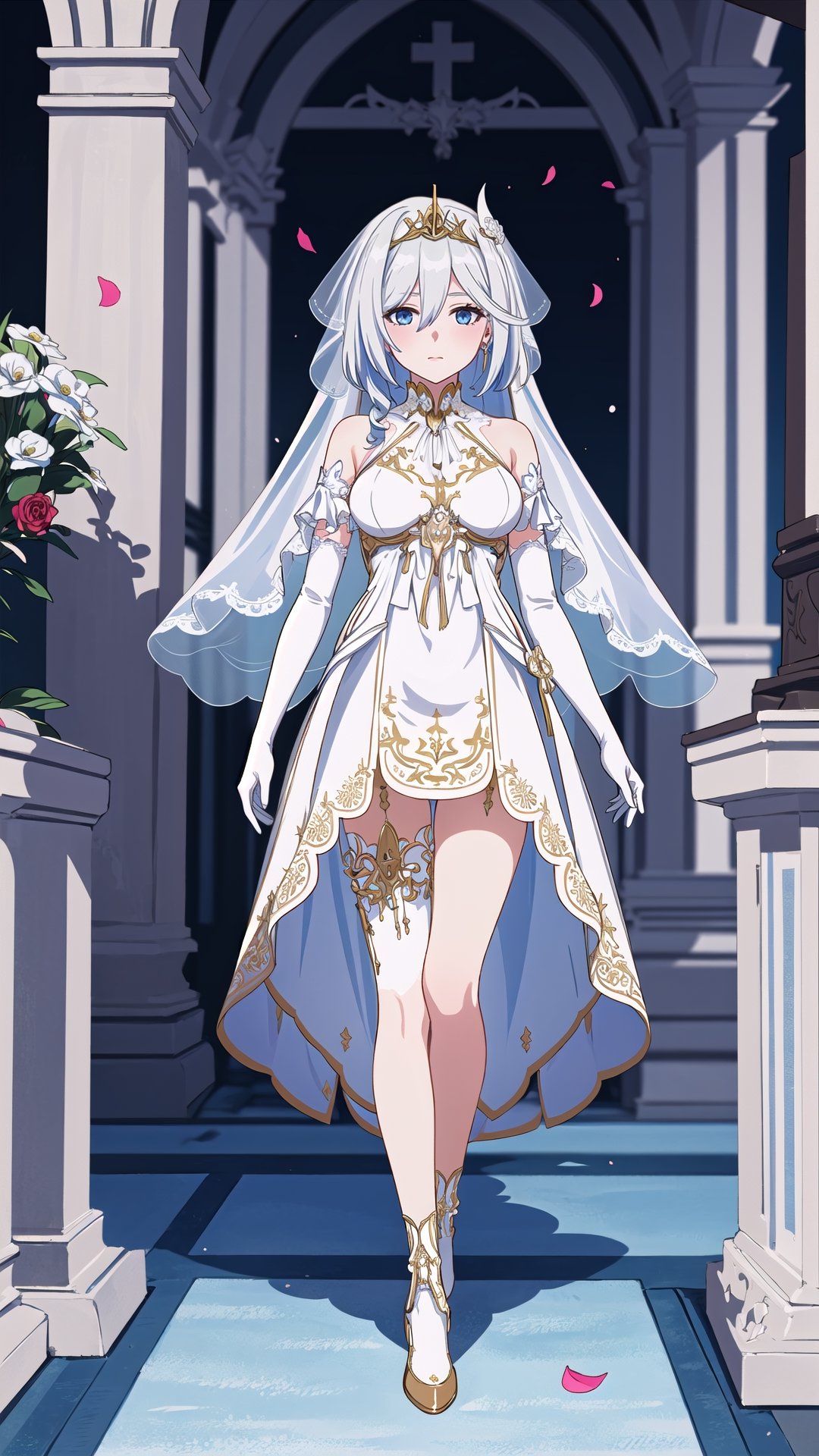 (1 beautiful woman, ornamented long blue hair,expensive detailed white wedding dress design by Clare Waight Keller, white bride veil, long white gloves),(full body) walking to the altar, holding a bouquet, church location, wedding, celebration time, petals falling down,Anime