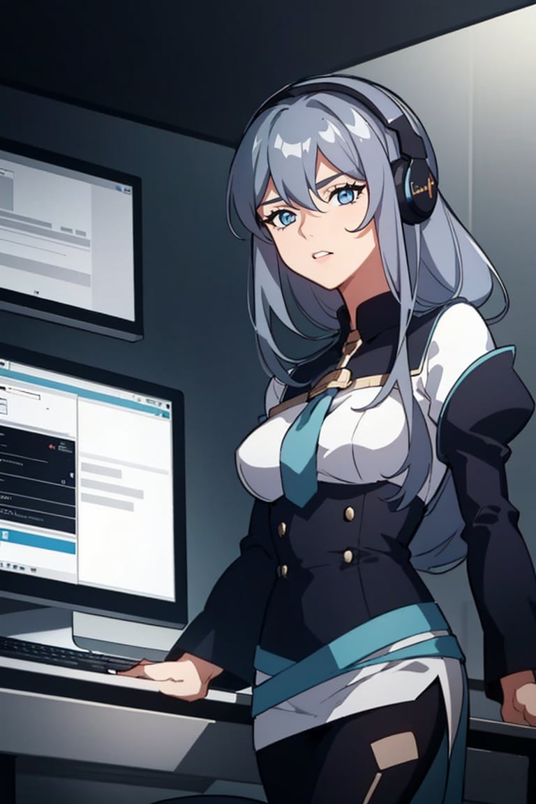 Sexy girl in computer room, tattooed, wearing music headphones, wearing a silver tight sports bra, hand on mouse on table, one computer, one keyboard, 1 mouse, medium, medium length hair, silver hair, slightly curly hair, blue eyes, fiery red lips, smoky makeup, sitting in a game chair, leaning forward, looking at camera, (best quality), (masterpiece), (high resolution), illustration, original, extremely detailed wallpaper, 1 girl, upper body photo Beautiful details in the room, cinematic lighting, dramatic angles, (white: 1), (black: 0.5), (blue: 0.9) Extremely detailed CG8k wallpapers, movie highlight hair, studio photography,lixue, military_uniform, long_hair, hair_between_eyes, shiny_hair