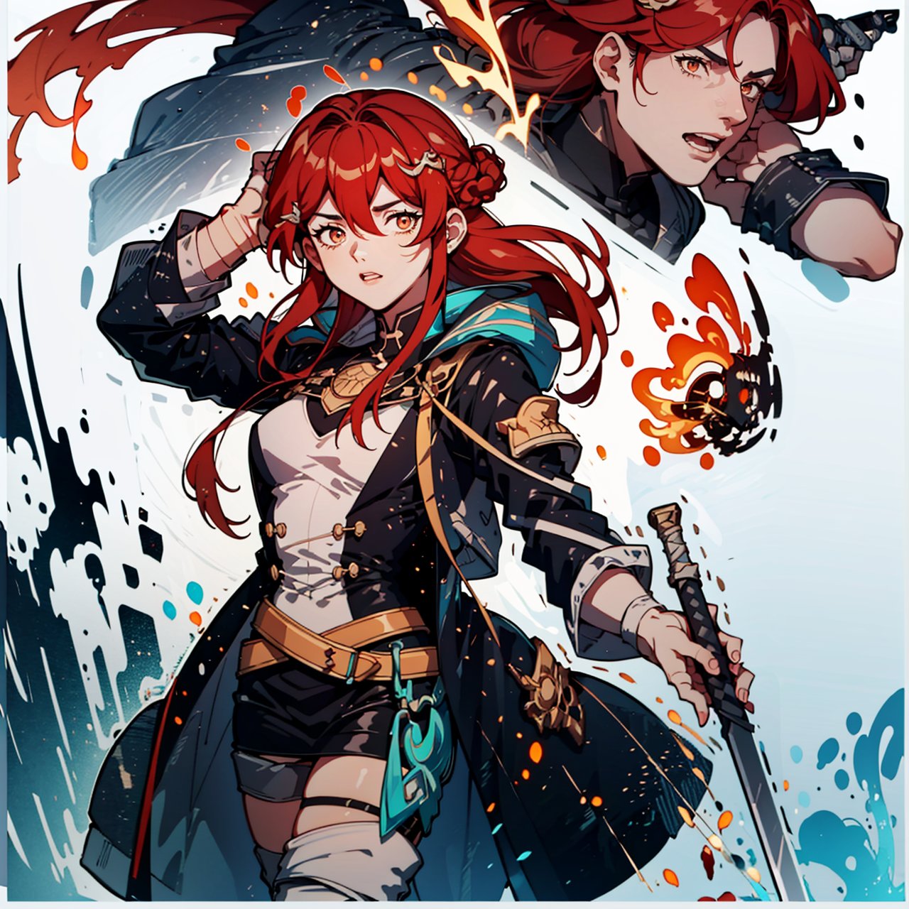 muscular mechanical body,  black leather coat ,fu hua, ,Rebellious girl,midjourney portrait,swordsman,full_body,hair_between_eyes, a girl, white eyes, ((red hair:1.2)),lixue , 
,lixue