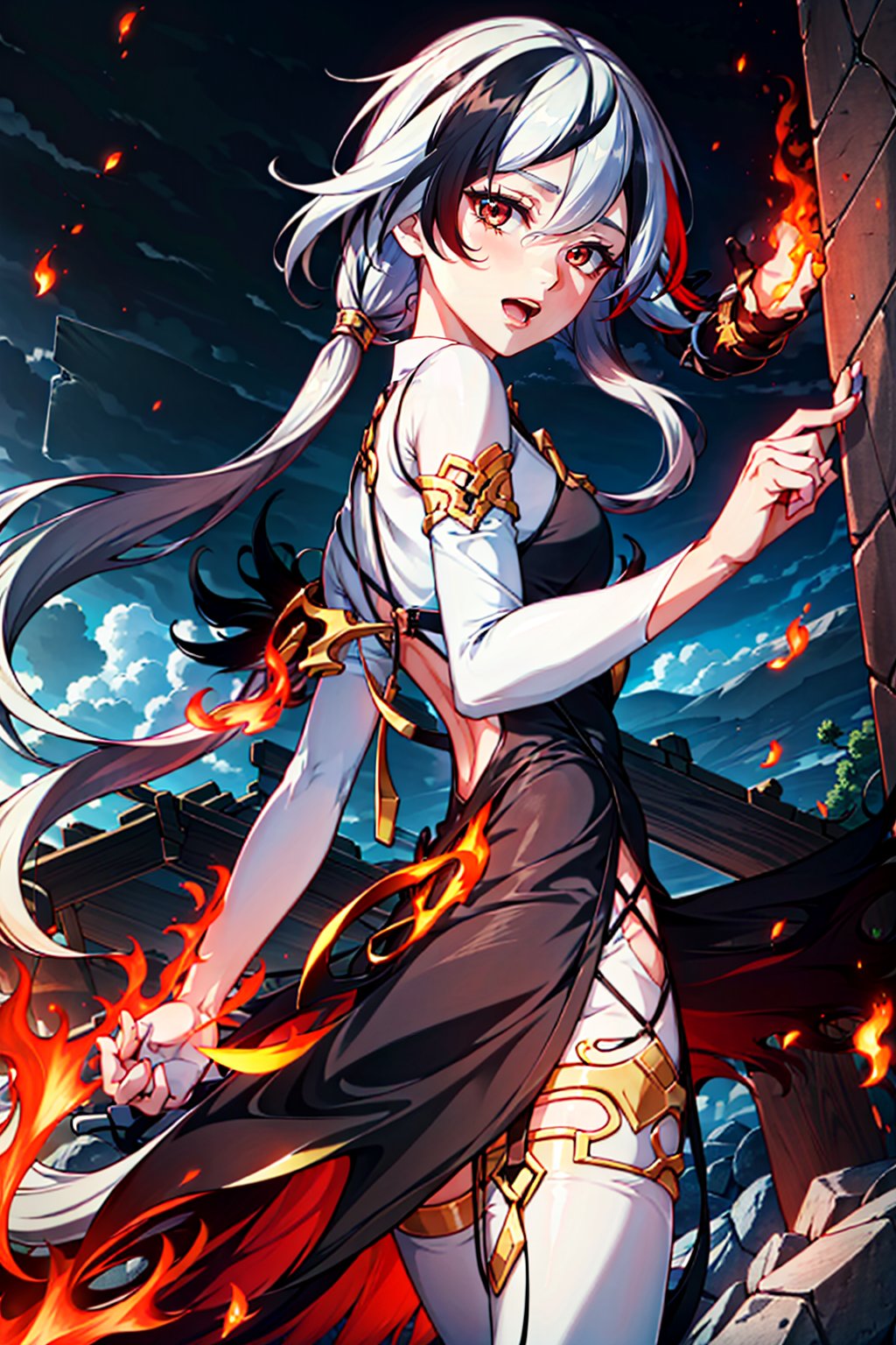 fu hua\bengluofu hua\bengluowhite_hair, orange_eyes, streaked_hair, fu hua, orange_hair, red_hair, fire, fiery_hair, hair_between_eyes, multicolored_hair, fu hua\bengluo, fiery_wings,fuhua/heiyu