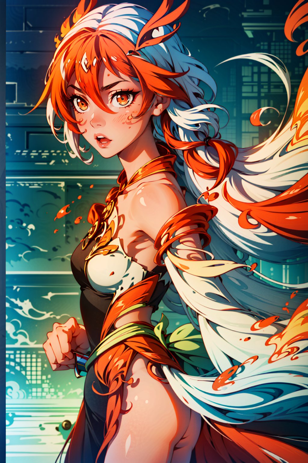 fu hua\bengluofu hua\bengluo,white_hair, orange_eyes, streaked_hair, fu hua, orange_hair, red_hair, fire, fiery_hair, hair_between_eyes, multicolored_hair, fu hua\bengluo, fiery_wings