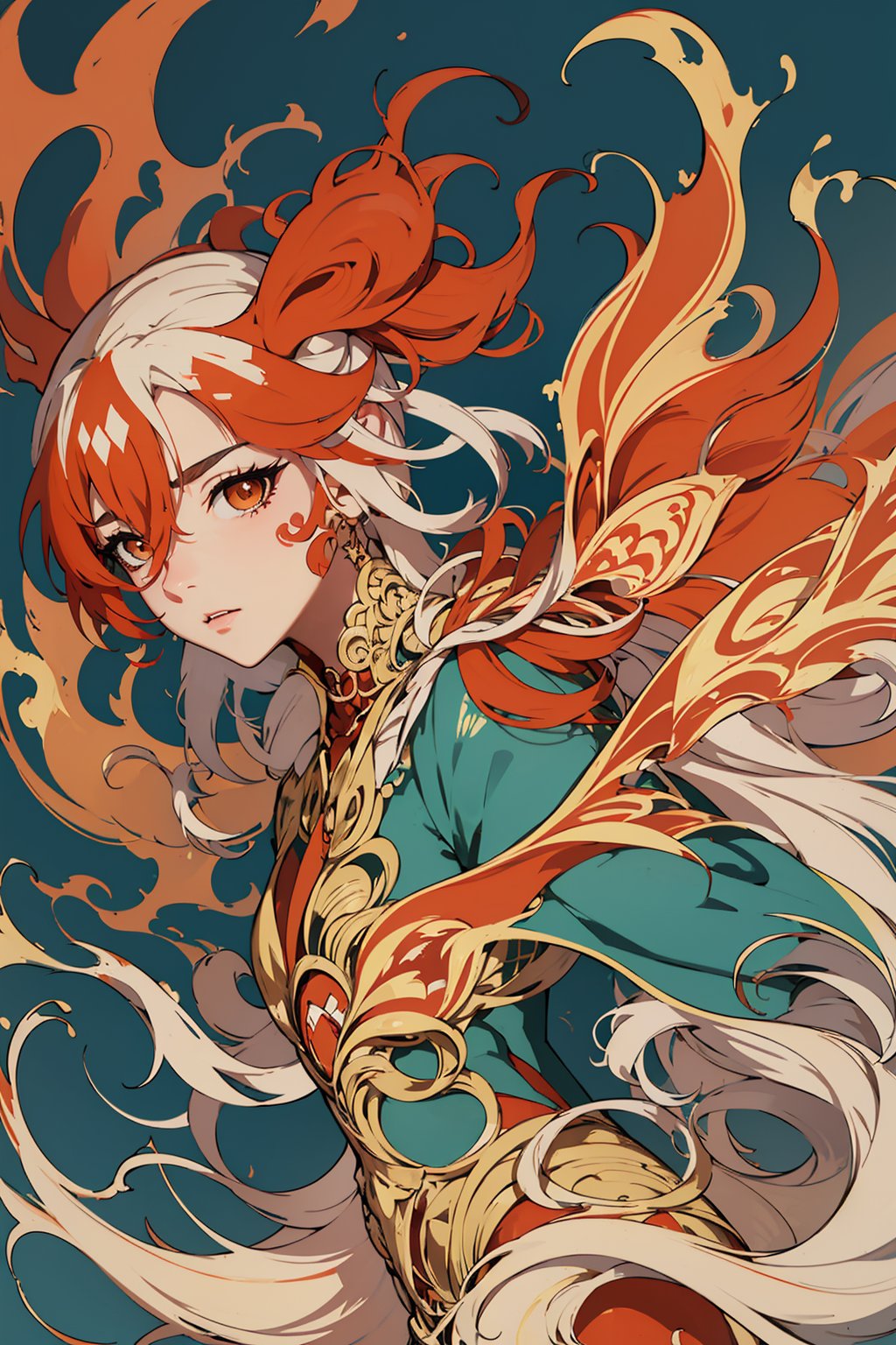 masterpiece, best quality, ultra high res, beautiful, elegant, graceful, award-winning art, 1girl, (style of Yuko Shimizu:1.4), (abstract art:1.2), style of rebecca guay, fu hua\bengluo, white_hair, orange_eyes, streaked_hair, fu hua, orange_hair, red_hair, fire, fiery_hair, hair_between_eyes, multicolored_hair, fu hua\bengluo, fiery_wings,fire, cloaked in flames, dark theme, visually stunning, gorgeous,cloud, fu hua\bengluo, ,fu hua\bengluo