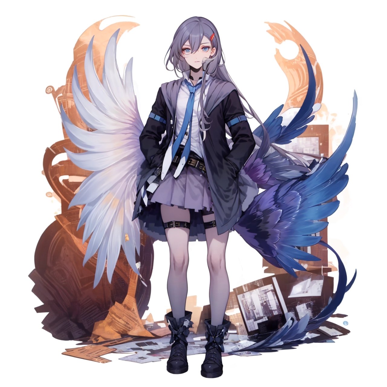 (masterpiece:1.3),(the best quality:1.2),(super fine illustrations:1.2),(Masterpiece),high quality,high detail,(white background:1.2),looking at viewer,(SOLO:1.4),outline,simple background,feathered wings,wings,angel wings,bangs,thighhighs,high heels,boots,bird tail,bird wings,choker,white shirt,skirt,belt buckle,necktie,holding eyewear,open jacket,thigh holster,thigh strap,hair between eyes,jacket,blue eyes,belt,long hair,hairclip,
