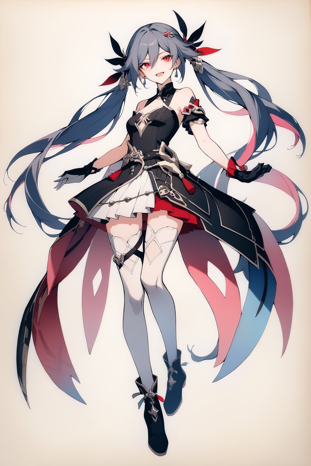  {{fu hua(honkai 3rd)}},(full body), nai3, solo, artstyle,best quality,amazing quality,very aesthetic,absurdres,traditional media solo, looking at viewer,
1girl, long hair, smile, open mouth, black hair, red eyes, thighhighs, gloves, dress, bow, twintails, very long hair, pink hair, multicolored hair, boots, virtual youtuber, multiple views