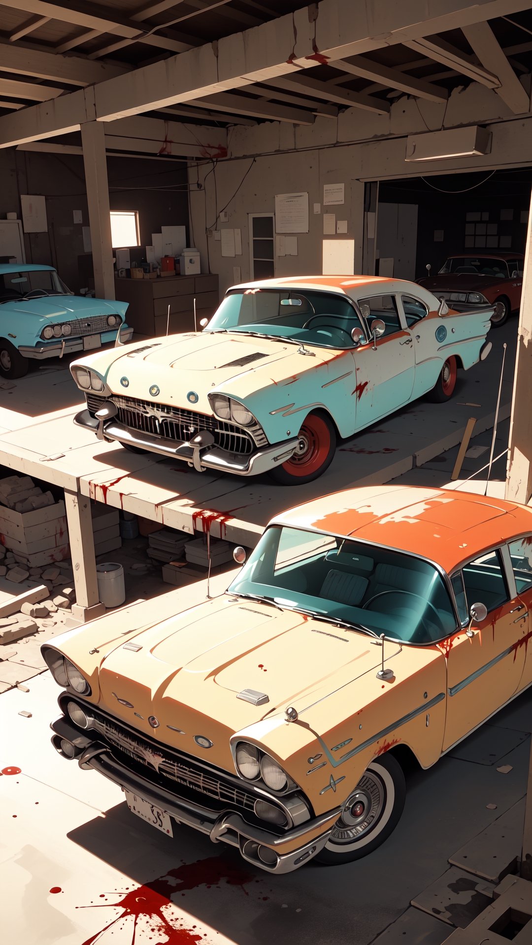 A photo realistic image of a complete rusted, four-door, (((blood red))), (((1958 Plymouth Fury))) in an old garage full of tools, night, focus on the intricate details of its faded paint job, the wear and tear on the tires, and the aged textures of the metal body. Use the multi-prompt "car::photorealistic::rust" with a prompt weighting of "rust" to emphasize the aged textures and worn out look of the car, car,photo r3al