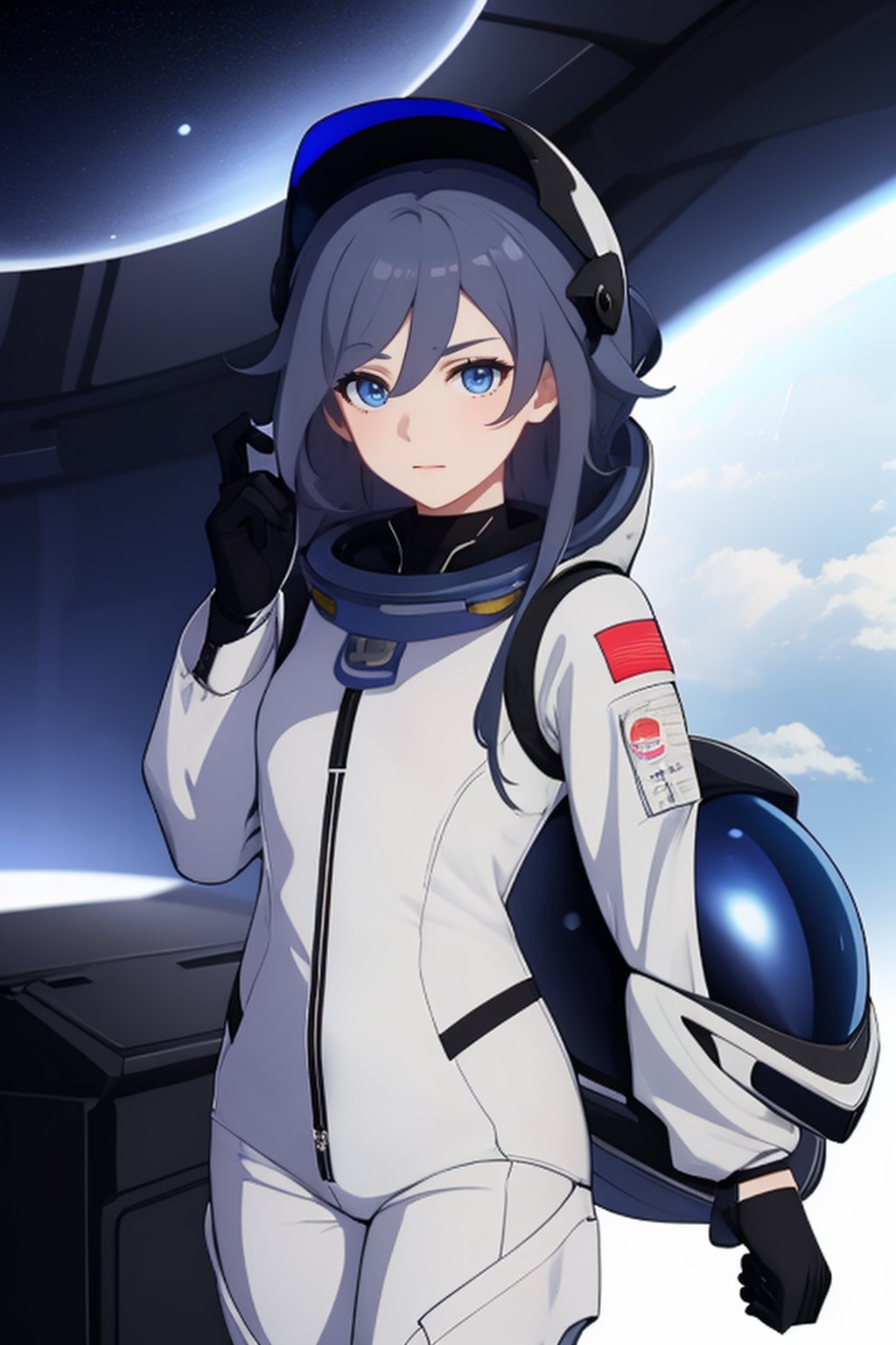 a beautiful girl in the sky from Mars, establishing herself in a spacesuit,fu hua,astronauts,space shuttle orbiter,holding the helmet