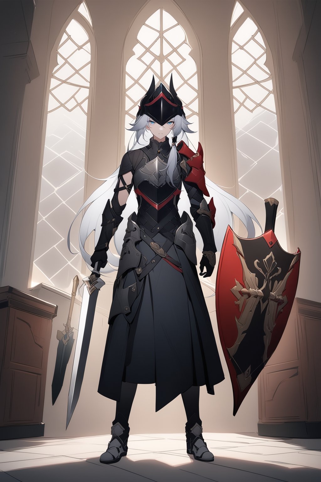 [[fu hua(Honkai Impact 3rd)]], (full body), nai3, 1girl, solo, artstyle,
1girl, long hair, 1boy, dress, holding, weapon, white hair, sword, indoors, holding weapon, armor, black dress, window, helmet, shield, arrow \(projectile\), axe, holding shield