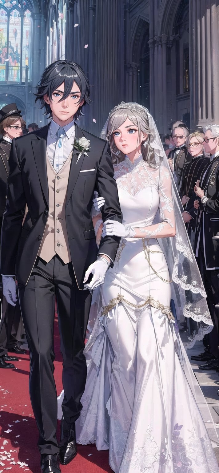 (1 beautiful woman, ornamented long blue hair,expensive detailed white wedding dress design by Clare Waight Keller, white bride veil, long white gloves), walking to the altar, holding a bouquet, church location, wedding, celebration time, petals falling down, people sitting down background, priest in front of the spouse, close-up ,perfecteyes,fu hua