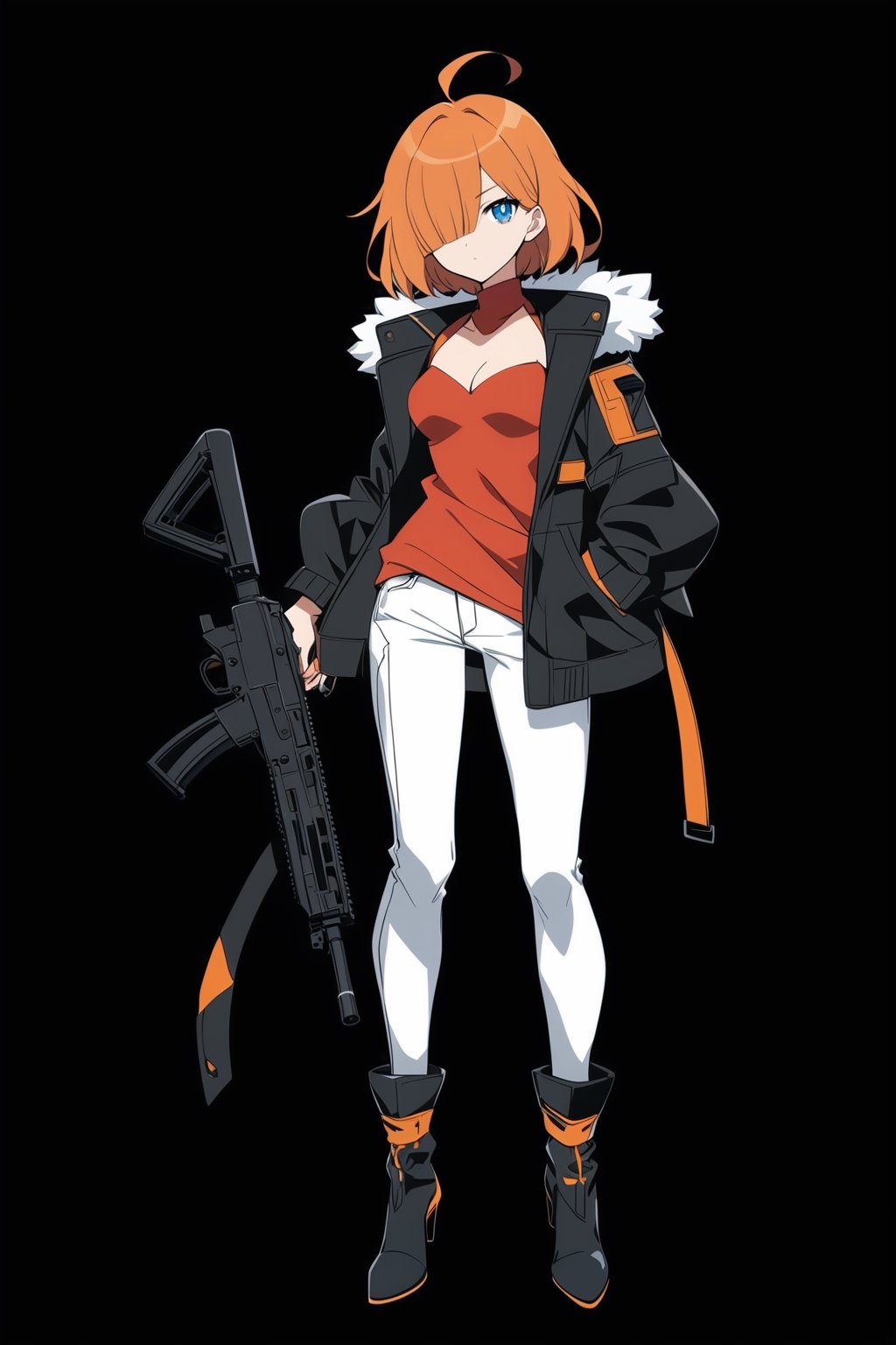 (full body), nai3, 1girl, solo, artstyle,
1girl, solo, breasts, looking at viewer, short hair, bangs, blue eyes, simple background, shirt, holding, cleavage, medium breasts, closed mouth, standing, jacket, full body, weapon, ahoge, boots, open clothes, pants, black footwear, holding weapon, orange hair, hair over one eye, high heels, open jacket, black jacket, gun, fur trim, black background, red shirt, holding gun, rifle, white pants, submachine gun