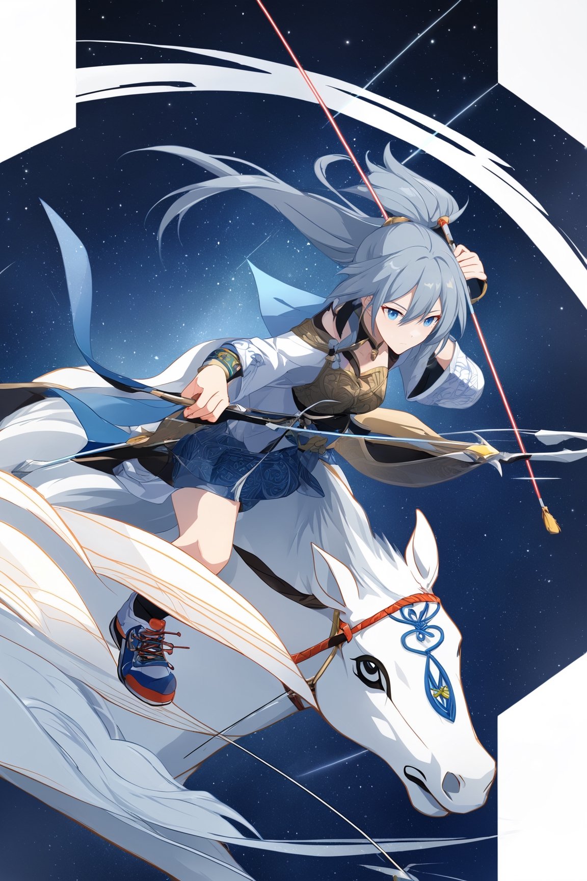 [[fu hua (phoenix)(honkai impact 3rd)]], 4K wallpaper, ((a toxotae from ancient China, riding a white horse and holding bow and arrow.)) Under the starry sky,shooting to the sky,full_body,sneakers, bow \(weapon\), arrow \(projectile\), holding bow \(weapon\), aiming, holding arrow, 