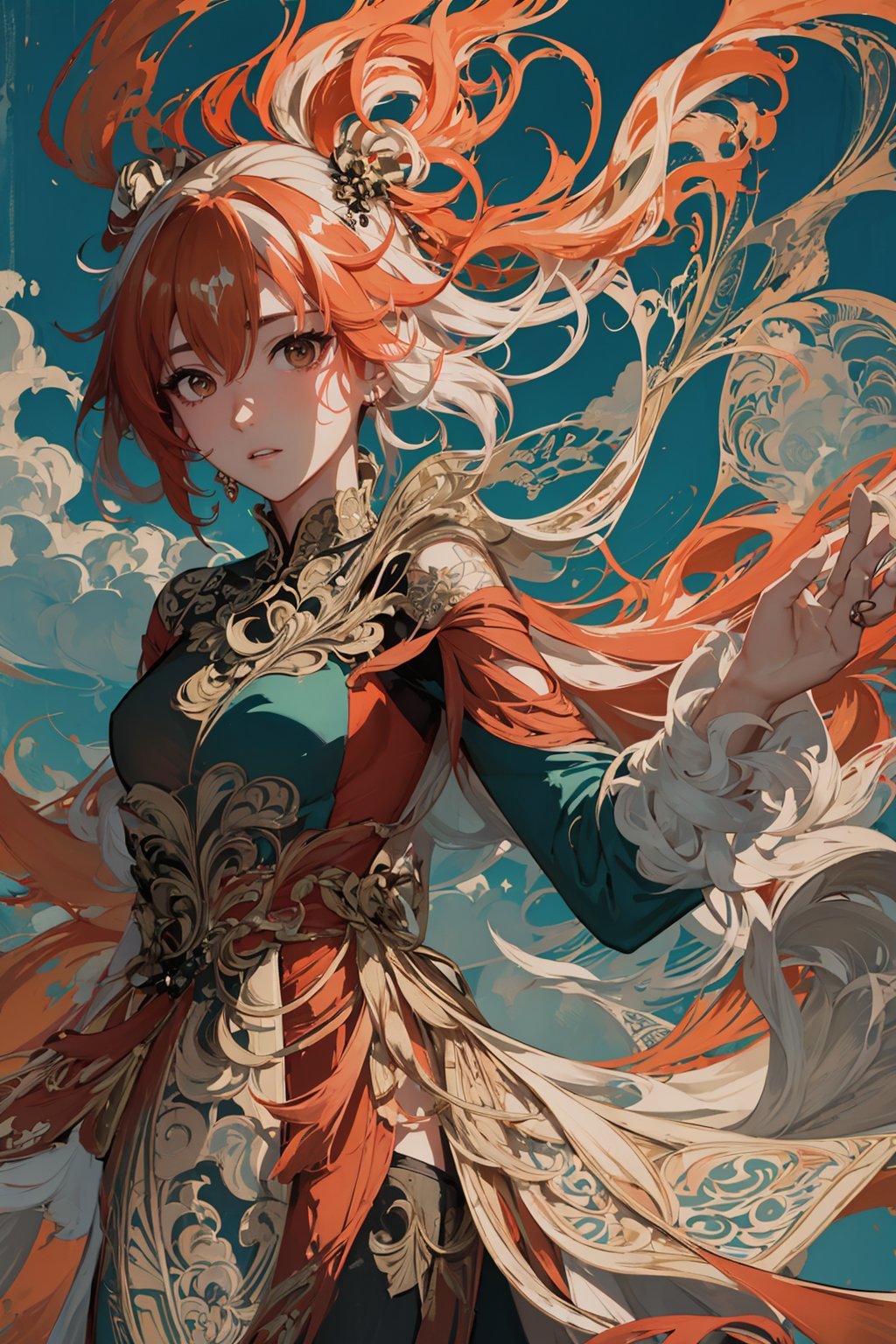 masterpiece, best quality, ultra high res, beautiful, elegant, graceful, award-winning art, 1girl, (style of Yuko Shimizu:1.4), (abstract art:1.2), style of rebecca guay, fu hua\bengluo, white_hair, orange_eyes, streaked_hair, fu hua, orange_hair, red_hair, fire, fiery_hair, hair_between_eyes, multicolored_hair, fu hua\bengluo, fiery_wings,fire, cloaked in flames, dark theme, visually stunning, gorgeous,cloud, fu hua\bengluo, 