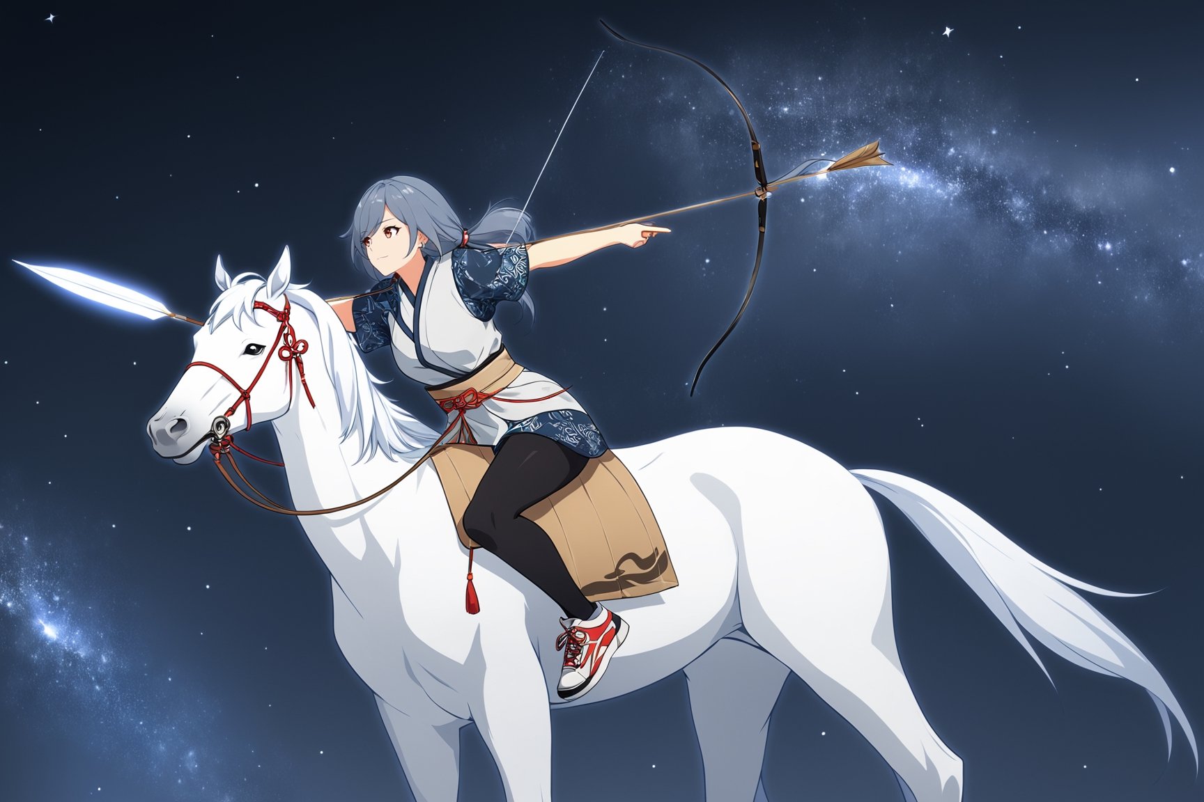 [[fu hua (phoenix)(honkai impact 3rd)]], 4K wallpaper, ((a toxotae from ancient China, riding a white horse and holding bow and arrow.)) Under the starry sky,full_body,sneakers, bow \(weapon\), arrow \(projectile\), holding bow \(weapon\), aiming, holding arrow, ,弓