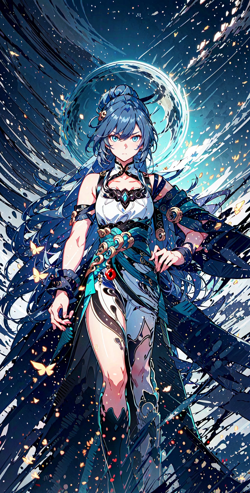 muscular mechanical body, glowing blue eyes, black-hair, leather long coat ,fu hua,yuelun,fu_hua