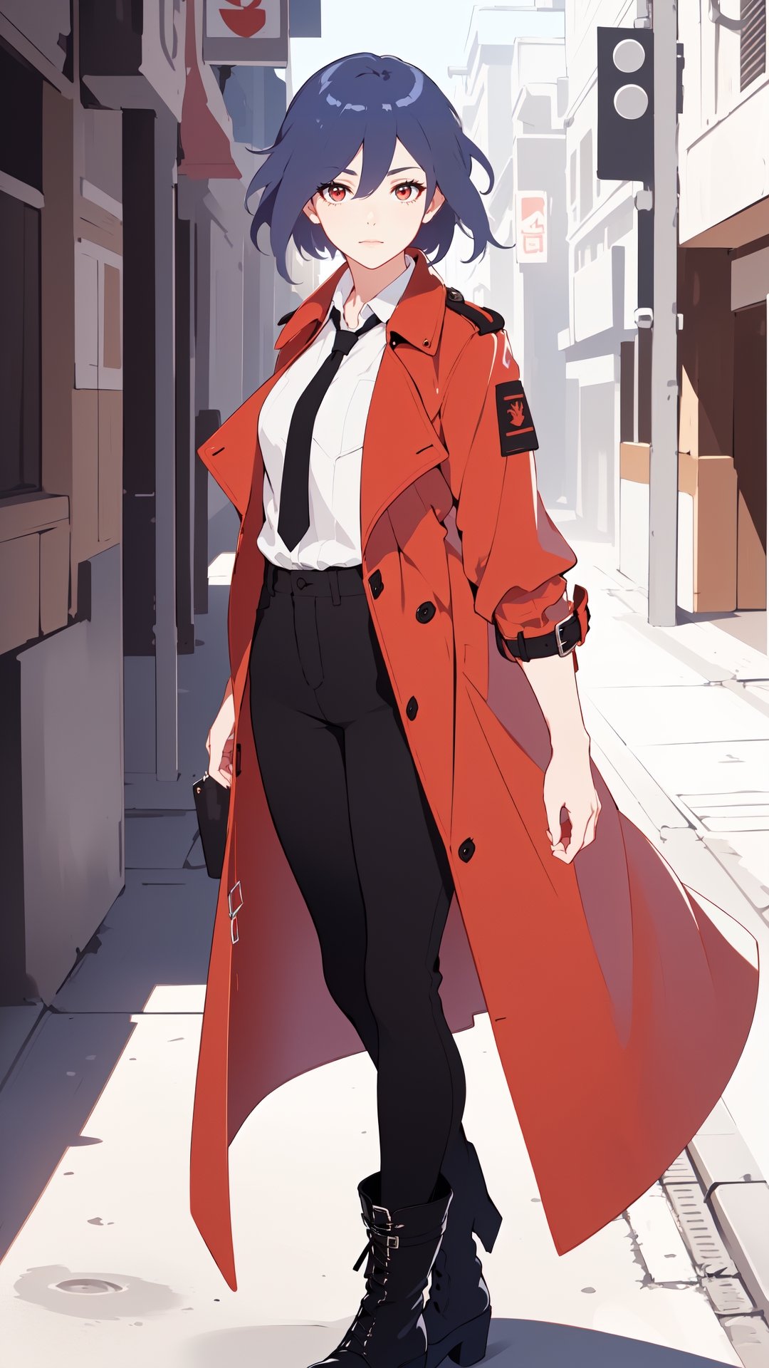 a beautiful woman, black hair,red eyes,fu hua,(((leather Trench coat,red trench coat,long coat,black pants,boots,uniform,white shirt,opened clothes))), senti, red eyes, blue_eyes