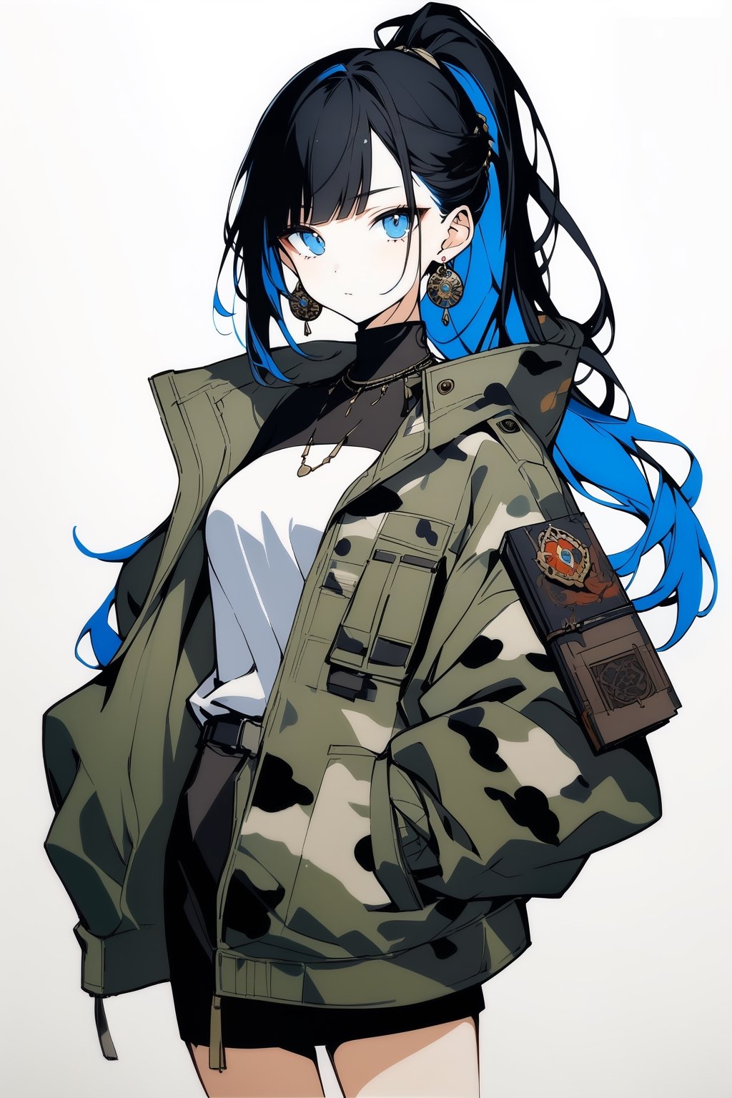 (full body), nai3, solo, artstyle,best quality,amazing quality,very aesthetic,absurdres,traditional media solo, looking at viewer,
1girl, solo, looking at viewer, bangs, blue eyes, simple background, black hair, white background, jewelry, closed mouth, blue hair, jacket, upper body, ponytail, earrings, book, military, green jacket, camouflage, camouflage jacket