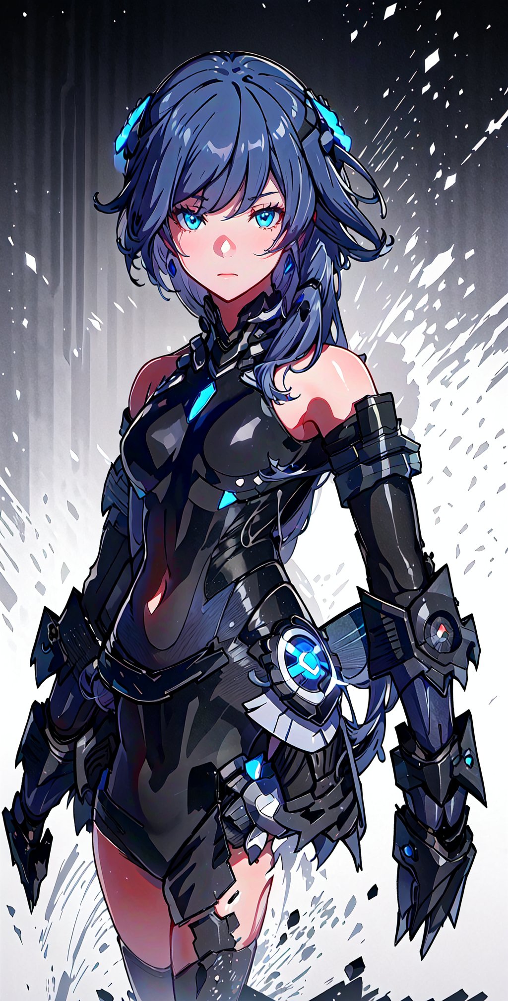 muscular mechanical body, glowing blue eyes, black-hair, leather long coat ,fu hua,yuelun