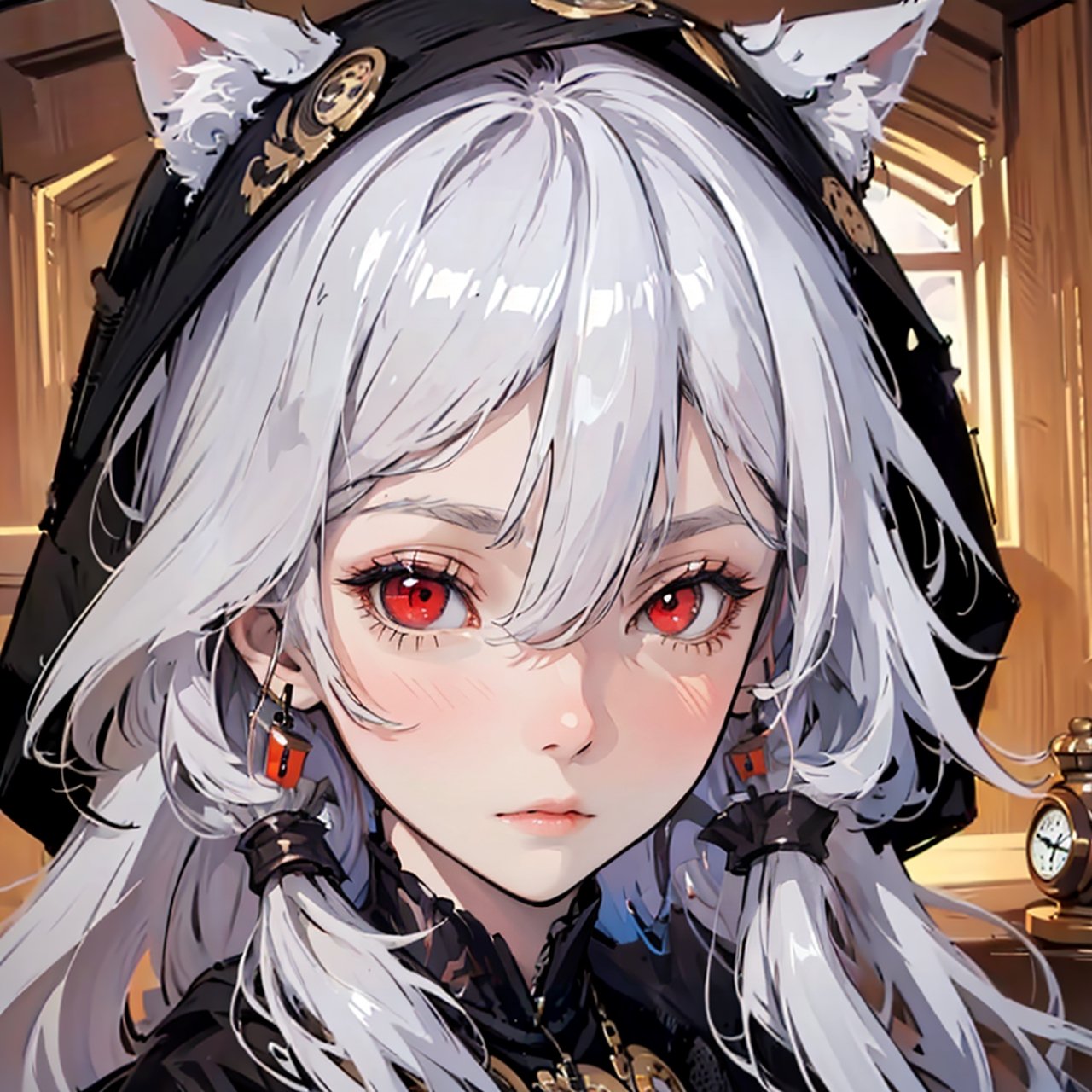 In a softly lit bedroom, a captivating girl with red eyes and pale skin wears an adorable hood with cat ears. Her detailed and enigmatic eyes contrast with her vacant expression. She holds a pocket watch, creating an intriguing scene.
