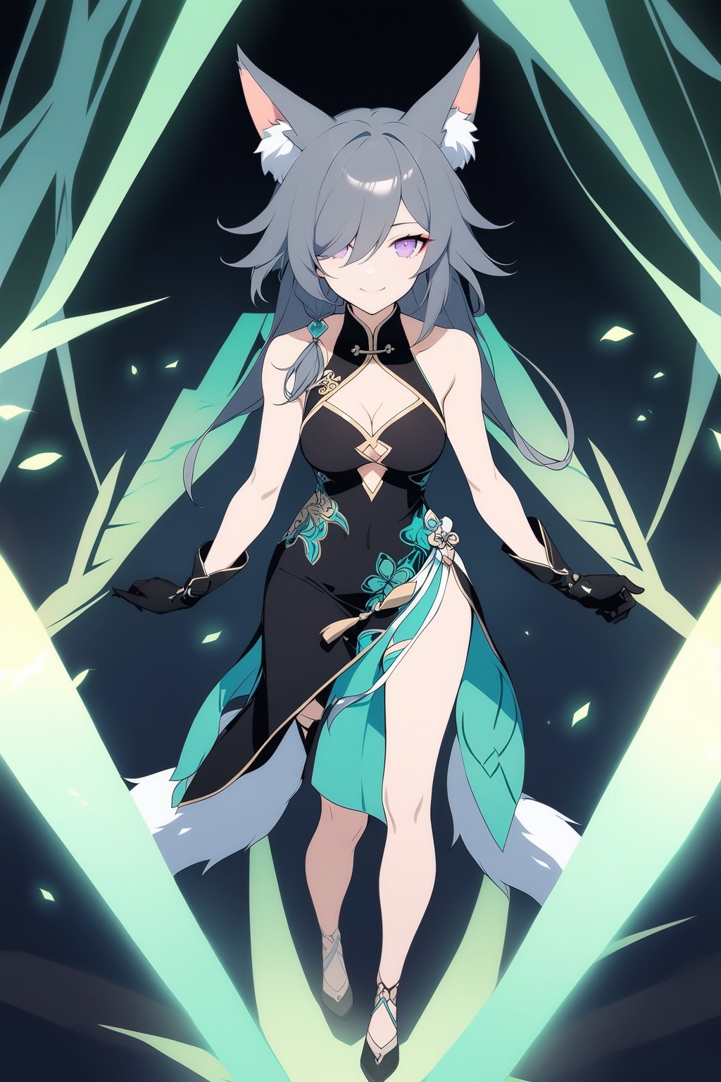 [[fu hua(Honkai Impact 3rd)]], (full body), nai3, 1girl, solo, artstyle,
1girl, solo, long hair, breasts, looking at viewer, smile, bangs, black hair, hair ornament, gloves, dress, holding, animal ears, cleavage, hair between eyes, bare shoulders, closed mouth, purple eyes, green hair, black gloves, hair over one eye, animal ear fluff, fox ears, chinese clothes, china dress