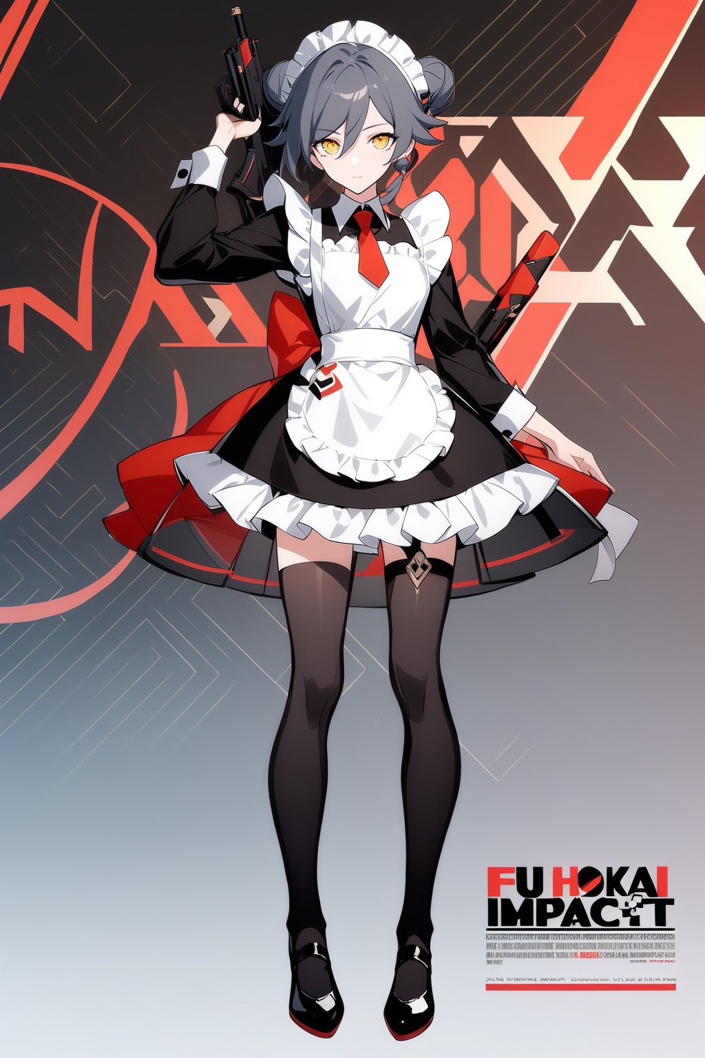 [[fu hua(Honkai Impact 3rd)]], (full body), nai3, 1girl, solo, artstyle,
1girl, solo, looking at viewer, bangs, black hair, thighhighs, long sleeves, dress, holding, standing, full body, yellow eyes, weapon, frills, shoes, black thighhighs, hair bun, black footwear, apron, character name, black dress, arm up, english text, official alternate costume, gun, maid, double bun, copyright name, red necktie, white apron, red neckerchief, maid apron, frilled apron