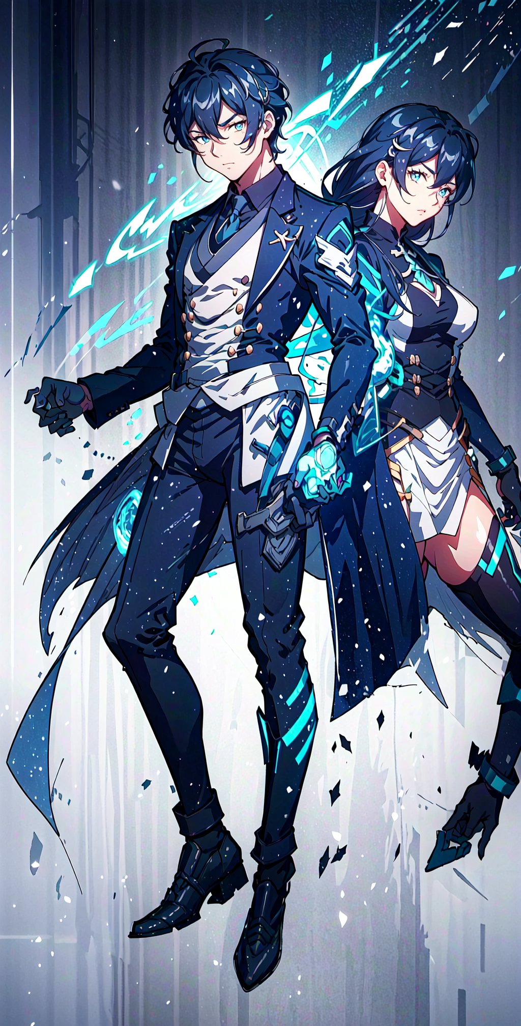 muscular mechanical body, glowing blue eyes, black-hair, leather long coat ,fu hua,yuelun,fu_hua,taixu,fuhua/heiyu,fu hua\bengluo,fuhua,lixue