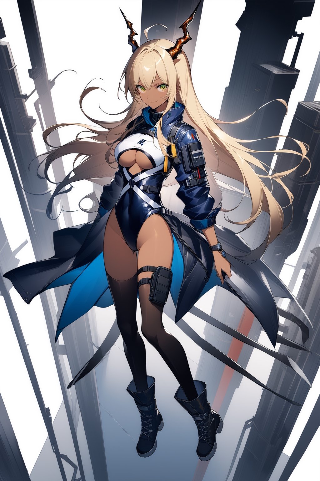 [[ch‘en(arknights)]], (full body), nai3, 1girl, solo, artstyle,
1girl, solo, long hair, breasts, looking at viewer, smile, blonde hair, thighhighs, jewelry, very long hair, green eyes, full body, yellow eyes, ahoge, white hair, boots, dark skin, leotard, dark-skinned female, underboob, floating