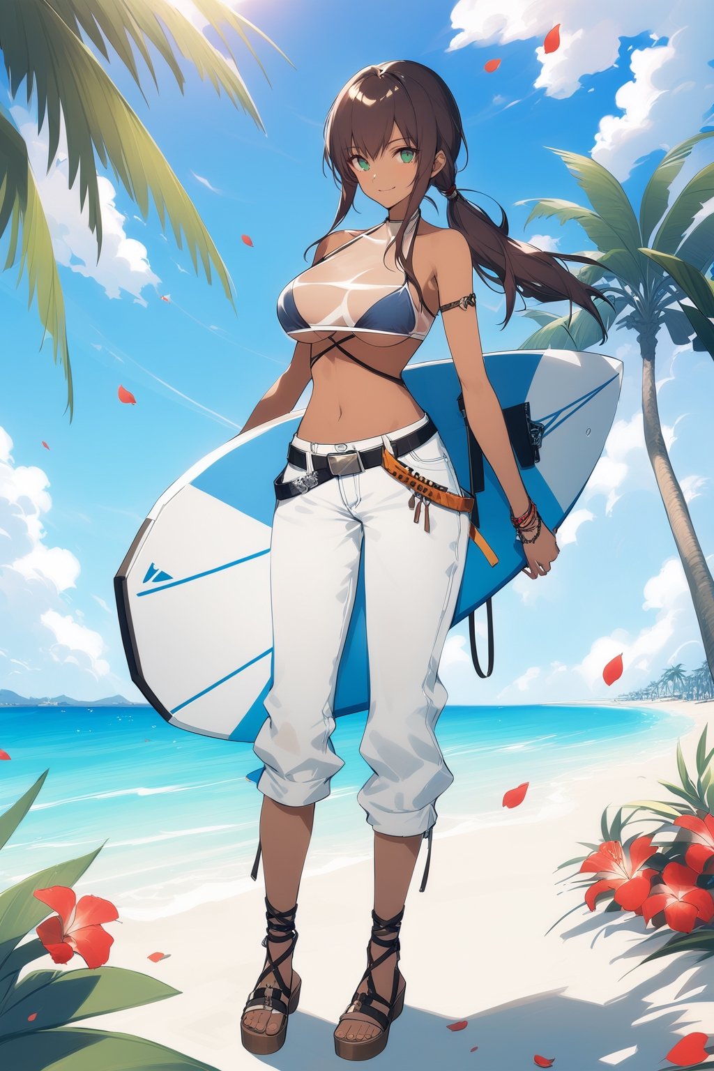 [[ch‘en(arknights)]], (full body), nai3, 1girl, solo, artstyle,
1girl, solo, long hair, breasts, looking at viewer, smile, bangs, large breasts, brown hair, shirt, black hair, navel, holding, bare shoulders, jewelry, green eyes, standing, swimsuit, full body, flower, bikini, outdoors, sky, day, belt, pants, cloud, dark skin, water, stomach, dark-skinned female, tree, blue sky, crop top, see-through, petals, underboob, chain, ocean, beach, sandals, plant, denim, jeans, white pants, palm tree, surfboard