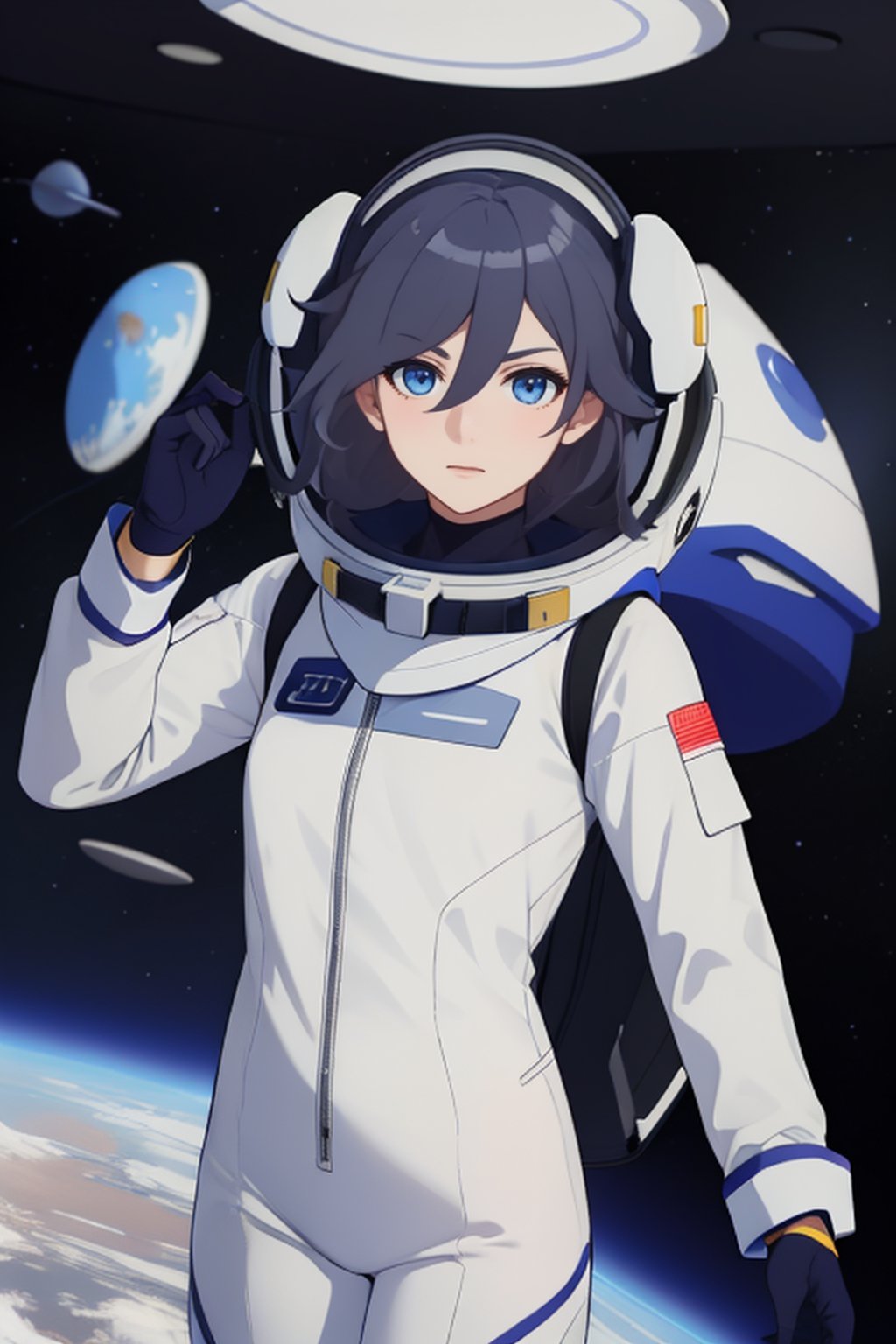 a beautiful girl in the sky from Mars, establishing herself in a spacesuit,fu hua,astronauts,space shuttle orbiter,holding the helmet