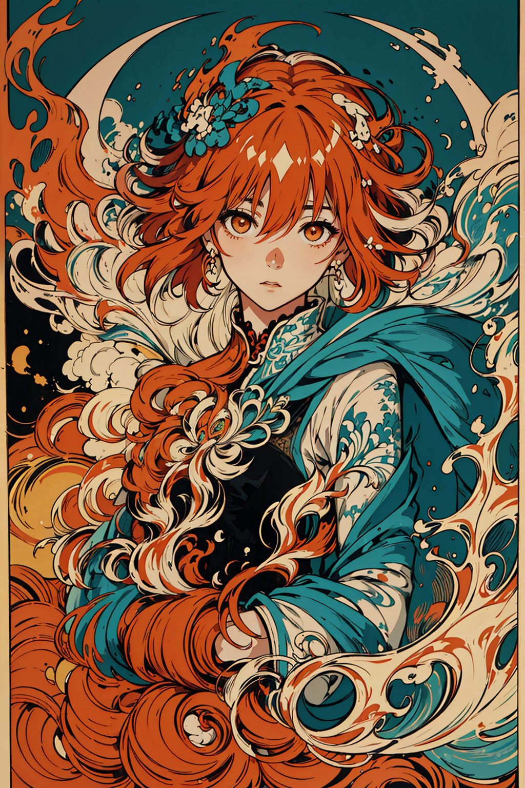 masterpiece, best quality, ultra high res, beautiful, elegant, graceful, award-winning art, 1girl, (style of Yuko Shimizu:1.4), (abstract art:1.2), style of rebecca guay, fu hua\bengluo, white_hair, orange_eyes, streaked_hair, fu hua, orange_hair, red_hair, fire, fiery_hair, hair_between_eyes, multicolored_hair, fu hua\bengluo, fiery_wings,fire, cloaked in flames visually stunning, gorgeous,cloud, fu hua\bengluo, 