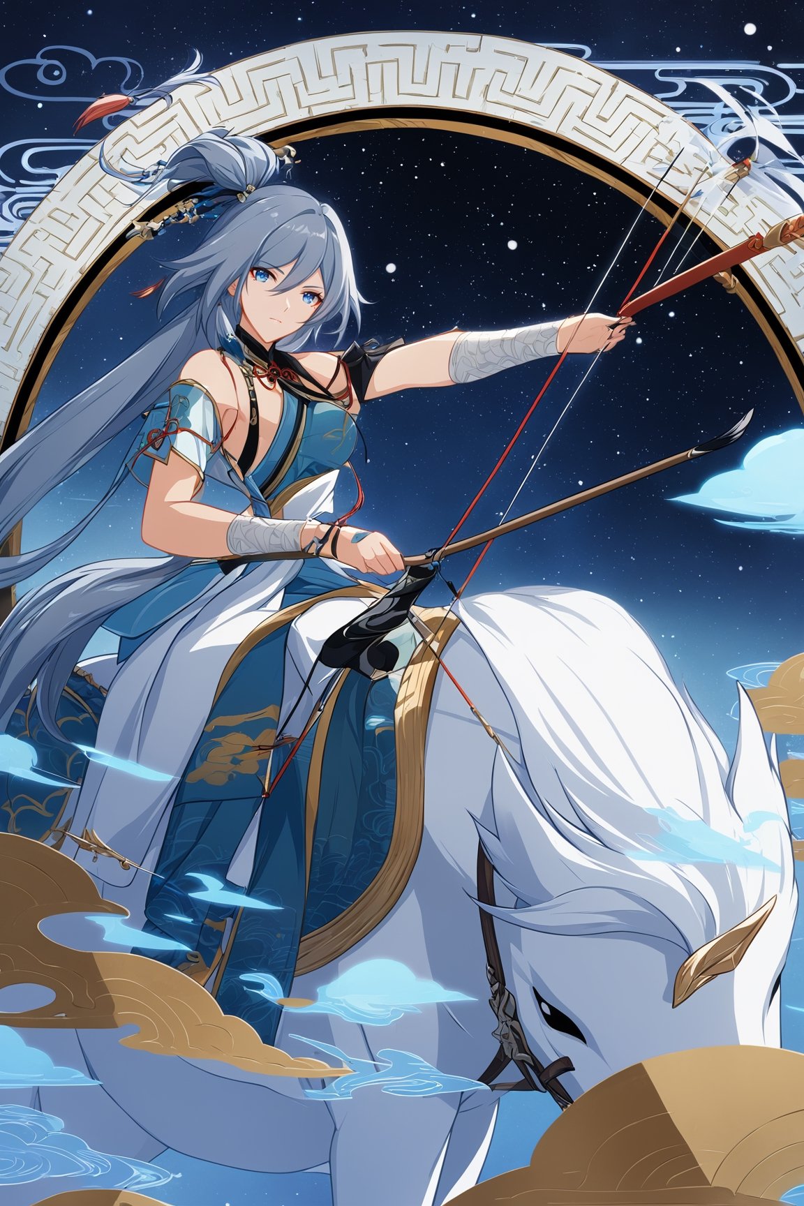 [[fu hua (phoenix)(honkai impact 3rd)]], 4K wallpaper, ((a toxotae from ancient China, riding a white horse and holding bow and arrow.)) Under the starry sky,shooting to the sky,full_body