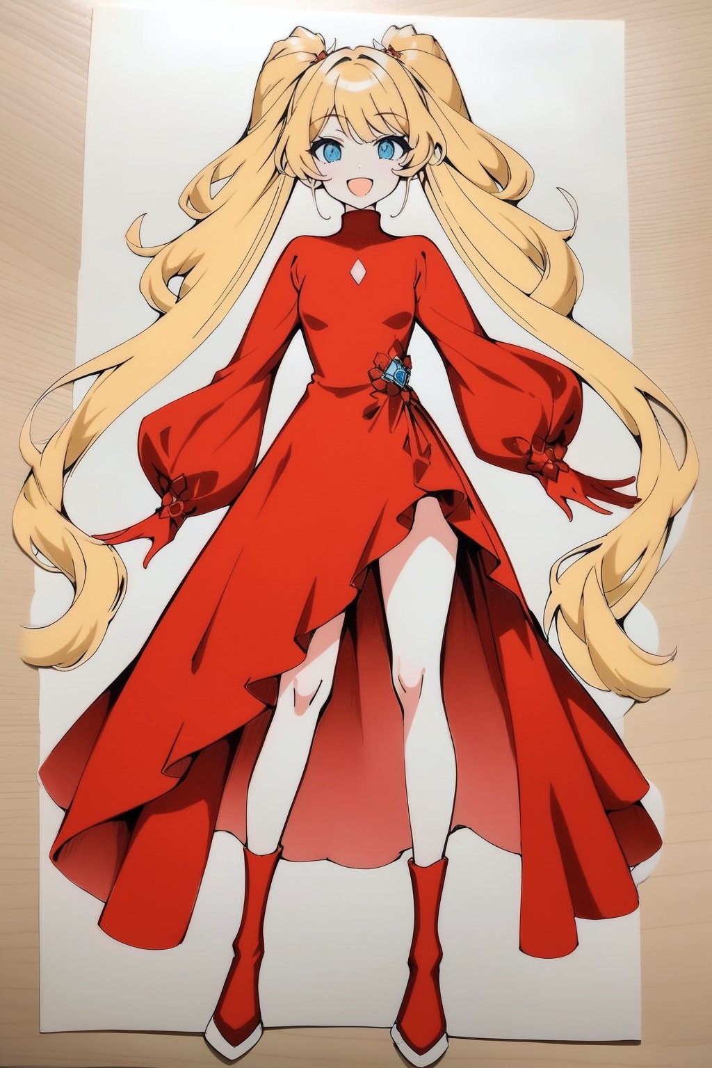 (full body), nai3, solo, artstyle,best quality,amazing quality,very aesthetic,absurdres,traditional media solo, looking at viewer,
1girl, solo, smile, open mouth, blue eyes, blonde hair, long sleeves, dress, parody, red dress, fake screenshot