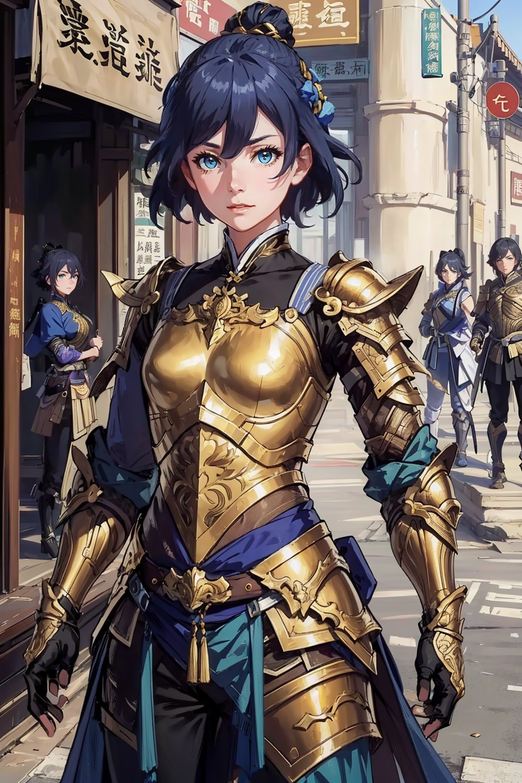 (looking at viewer:1.2), centered, (upper body), photography of a 22yo woman, masterpiece, | (beautiful detailed eyes:1.2), short hair, aqua hair color, light blue eyes, armored top, pauldrons, wide hips, lowleg armored pants, | sunset, bokeh, depth of field ,fu hua,(((female focus,armor,Chinese Armor,golden armor))),golden chain,(sanguozhi)