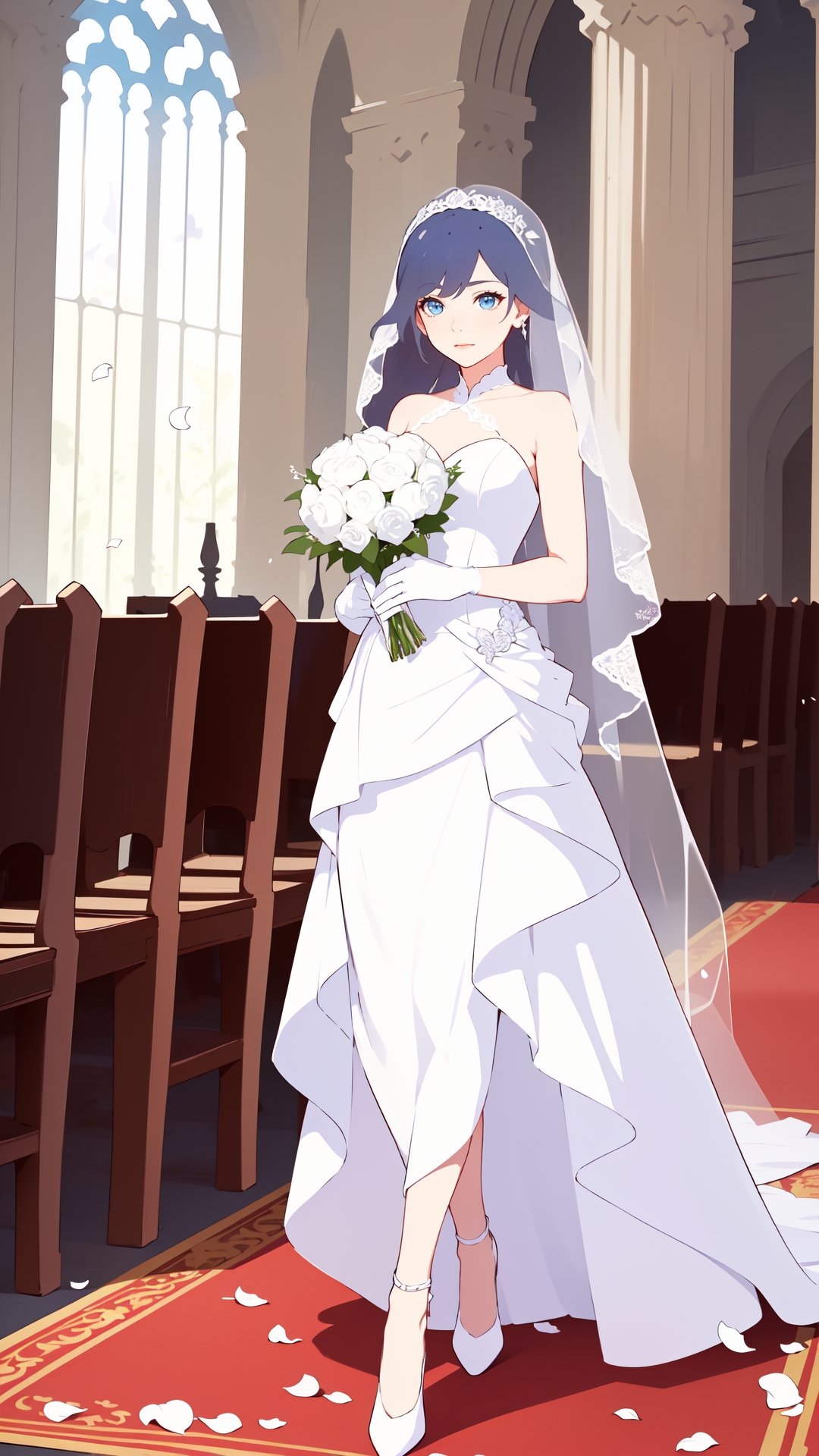 (1 beautiful woman, ornamented long hair,expensive detailed white wedding dress design by Clare Waight Keller, white bride veil, long white gloves),(full body) walking to the altar, holding a bouquet, church location, wedding, celebration time, petals falling down,Anime,fu hua