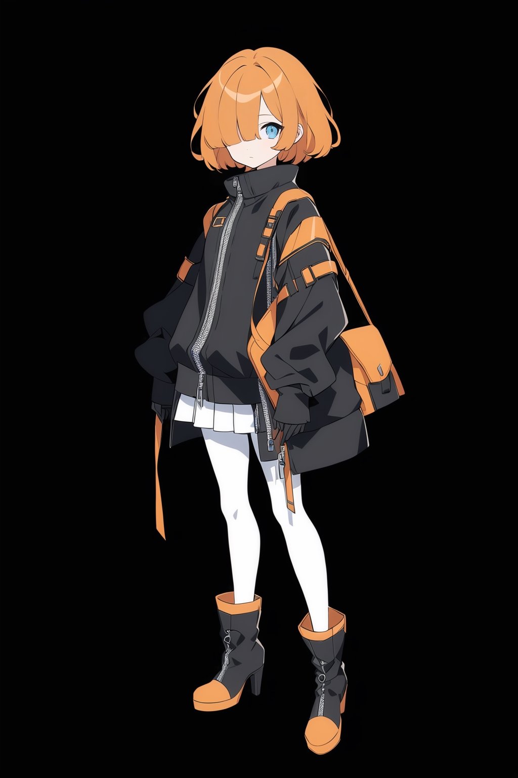 (full body), nai3, 1girl, solo, artstyle,
1girl, solo, looking at viewer, short hair, blue eyes, skirt, simple background, gloves, long sleeves, standing, jacket, full body, pantyhose, pleated skirt, boots, bag, black footwear, orange hair, hair over one eye, high heels, black jacket, sleeves past wrists, black background, zipper, white pantyhose