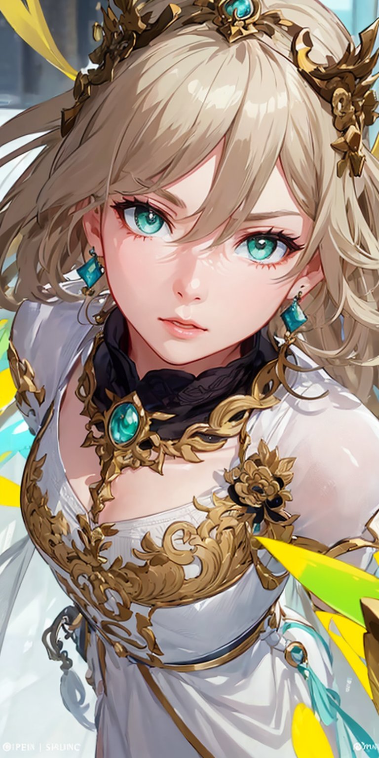 masterpiece, best quality, illustration, full body image, ornate and elaborate dress, platinum earrings, tiara, platinum necklace, white dress, 1girl, cute, (dynamic lighting:1.2), cinematic lighting, delicate facial features, detailed eyes, green eyes, long blonde hair, sharp pupils, realistic pupils, depth of field, bokeh, sharp focus, (hyper-detailed, bloom, glow:1.4), blonde hair, full lips, bright green eyes,fu hua