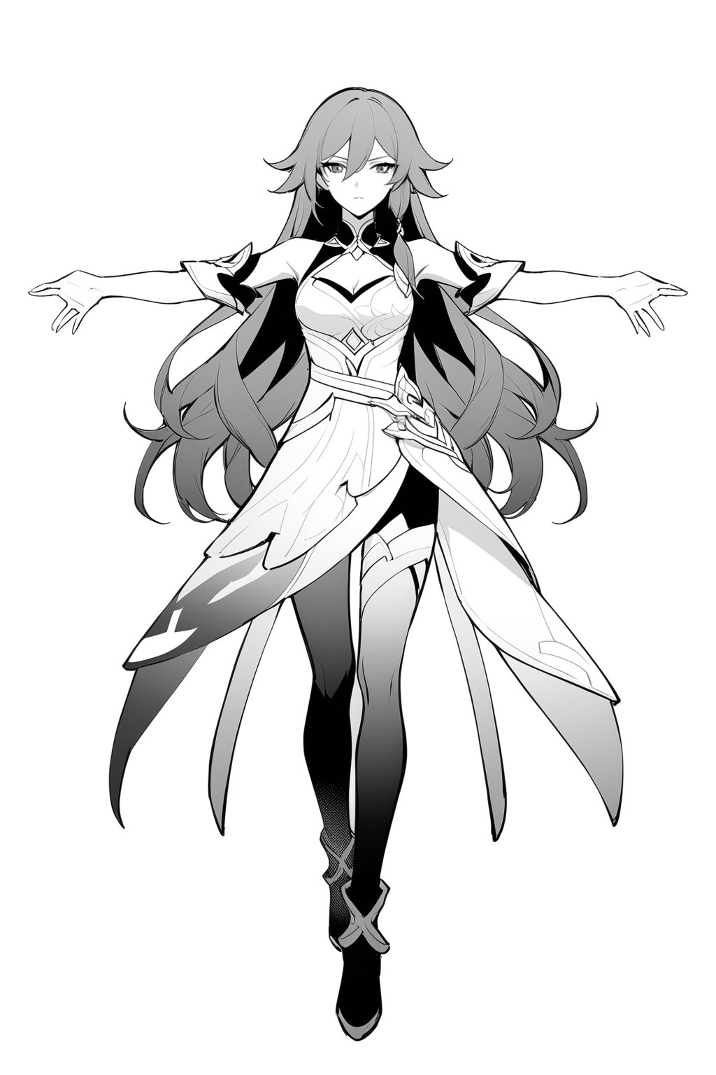 [[fu hua(Honkai Impact 3rd)]], (full body), nai3, 1girl, solo, artstyle,
1girl, solo, long hair, breasts, simple background, white background, dress, cleavage, medium breasts, monochrome, greyscale, detached sleeves, outstretched arms, chinese text