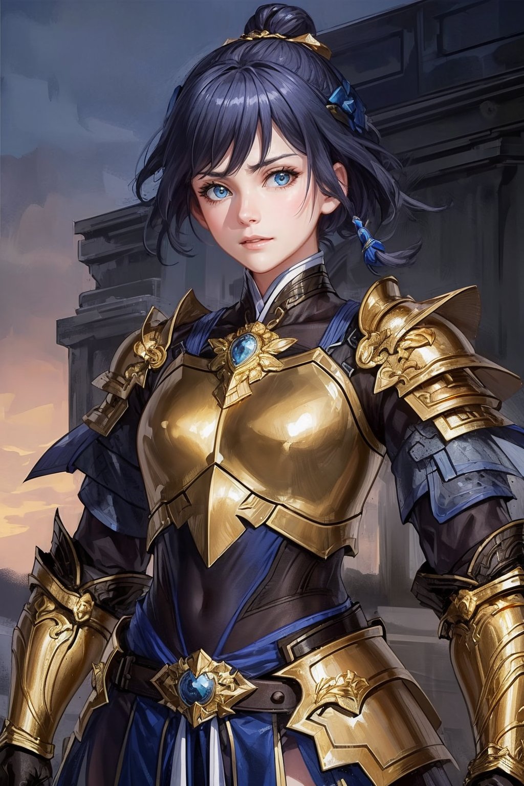 (detailed face:1.2), (looking at viewer:1.2), centered, (upper body), photography of a 22yo woman, masterpiece, | (beautiful detailed eyes:1.2), short hair, aqua hair color, light blue eyes, armored top, pauldrons, wide hips, lowleg armored pants, | sunset, bokeh, depth of field ,fu hua,(((female focus,armor,Chinese Armor,golden armor))),golden chain,(sanguozhi)