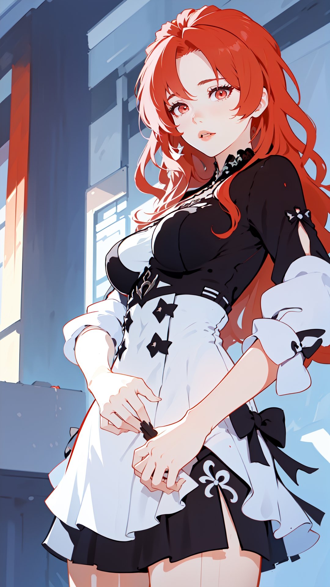 ultra high res,(extremely detailed:1.4),solo,((teen girl)),(red hair),(long and wavy hair:1.5),breasts,cowboy shot,perfect light,A-line sundress,fu hua