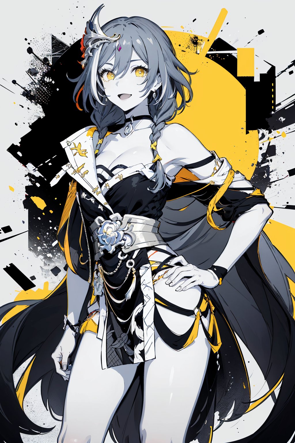 (masterpiece), 1girl, best quality, expressive eyes, perfect face,mature female, large breasts, braid, slim body, yellow eyes, hair ribbon, flat yellow color, lineart, abstract, flower, yellow theme, greyscale, monochrome, sleeveless dress, smile, open mouth, legs, hands on hips ,senti