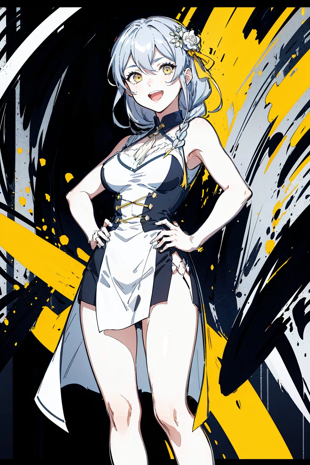 (masterpiece), 1girl, best quality, expressive eyes, perfect face,mature female, large breasts, braid, slim body, yellow eyes, hair ribbon, flat yellow color, lineart, abstract, flower, yellow theme, greyscale, monochrome, sleeveless dress, smile, open mouth, legs, hands on hips ,senti,kiana,lixue