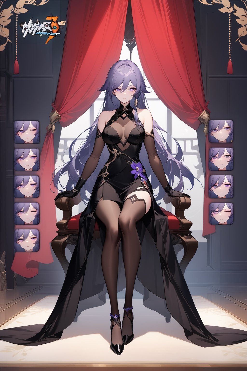 [[fu hua(Honkai Impact 3rd)]], (full body), nai3, 1girl, solo, artstyle,
1girl, solo, long hair, breasts, looking at viewer, large breasts, thighhighs, gloves, dress, sitting, very long hair, purple eyes, full body, purple hair, black gloves, elbow gloves, indoors, black footwear, black dress, high heels, official alternate costume, see-through, copyright name, curtains, bodystocking, expressions, 