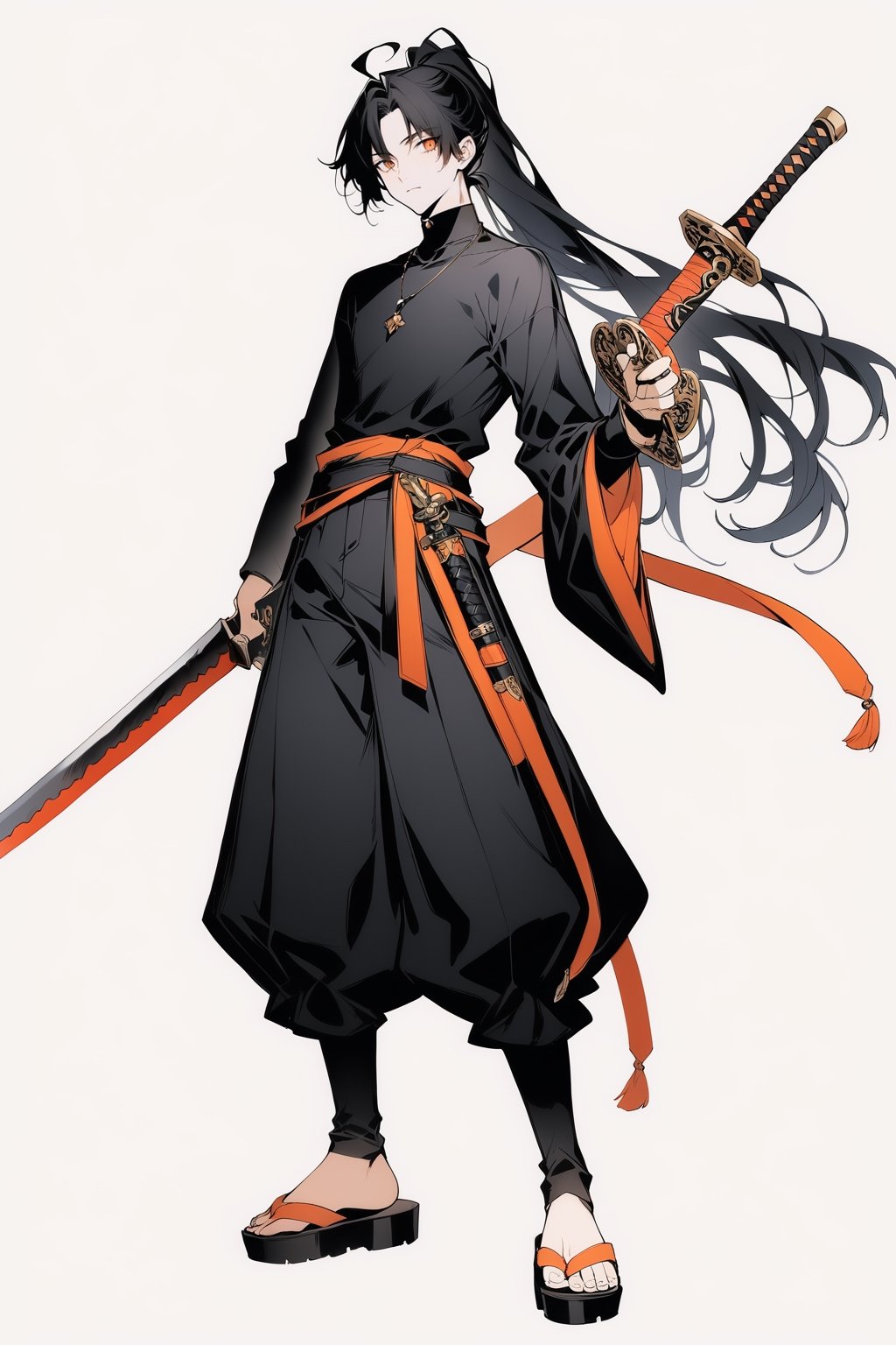 (full body), nai3, solo, artstyle,best quality,amazing quality,very aesthetic,absurdres,traditional media solo, looking at viewer,
solo, long hair, looking at viewer, black hair, long sleeves, 1boy, holding, jewelry, closed mouth, standing, full body, ponytail, weapon, ahoge, male focus, pants, sword, wide sleeves, necklace, holding weapon, orange eyes, holding sword, black pants, sandals, sheath, puffy pants