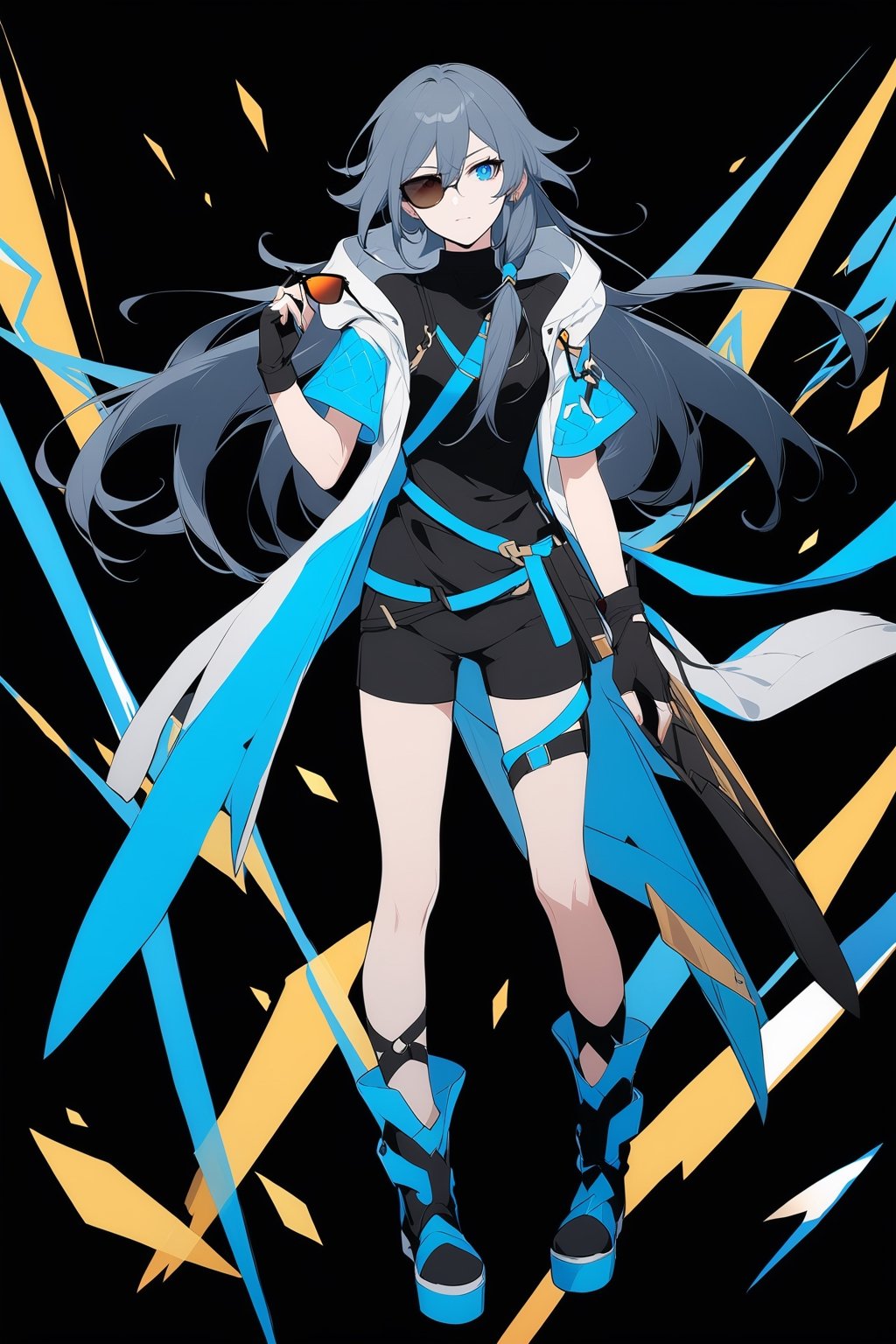 [[fu hua(Honkai Impact 3rd)]], (full body), nai3, 1girl, solo, artstyle,
1girl, solo, long hair, looking at viewer, bangs, blue eyes, simple background, black hair, gloves, holding, hair between eyes, short sleeves, black gloves, elbow gloves, hood, fingerless gloves, hoodie, sunglasses, black background, holding eyewear, fu hua