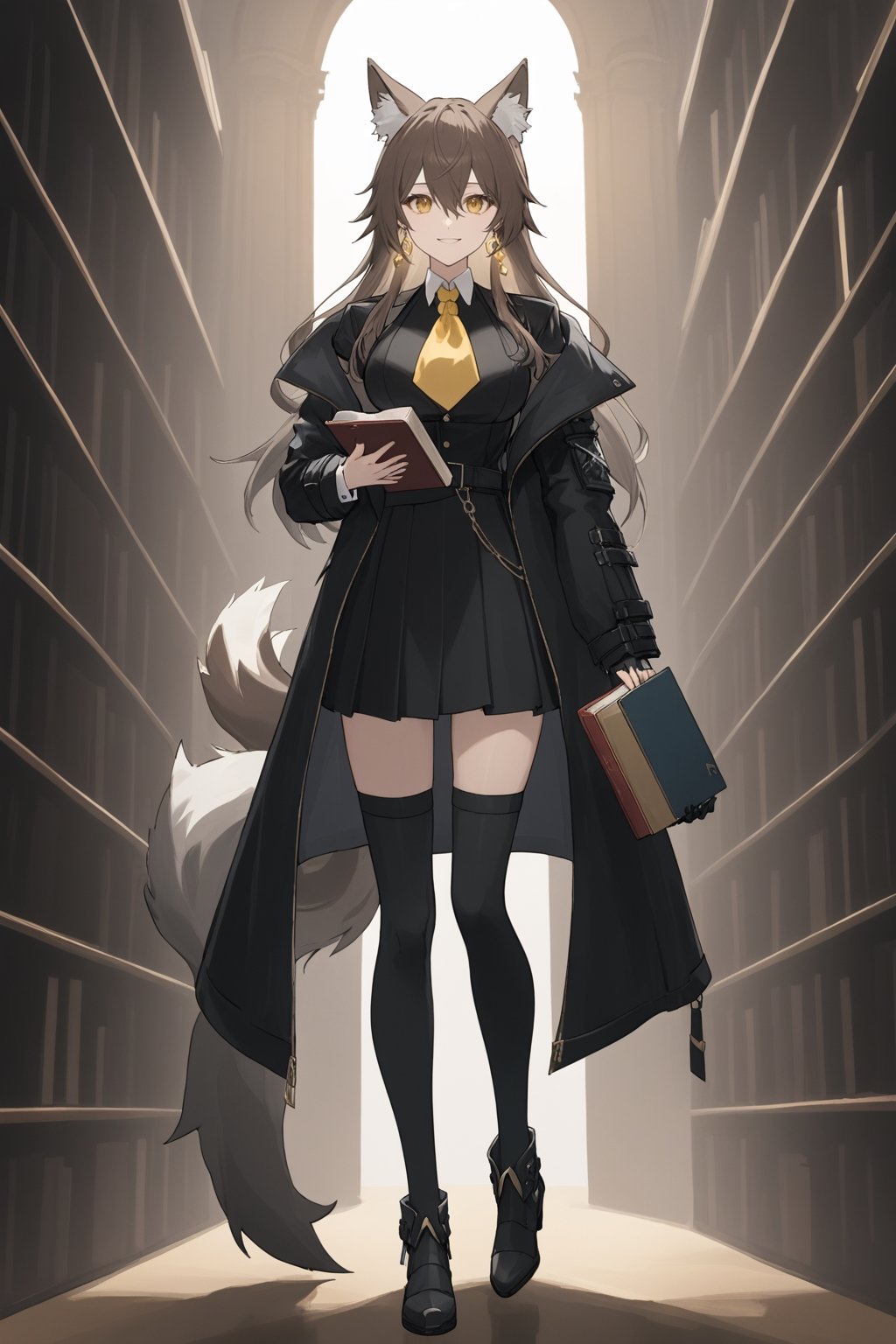 [[amiya(arknights)]], (full body), nai3, 1girl, solo, artstyle,
1girl, solo, long hair, breasts, looking at viewer, smile, bangs, skirt, brown hair, shirt, thighhighs, long sleeves, holding, animal ears, hair between eyes, jewelry, closed mouth, standing, jacket, tail, full body, yellow eyes, grey hair, earrings, black thighhighs, black skirt, black footwear, zettai ryouiki, coat, black jacket, animal ear fluff, book, ascot, wolf ears, gauntlets, wolf tail, holding book, black coat, open book, wolf girl, white ascot, single gauntlet