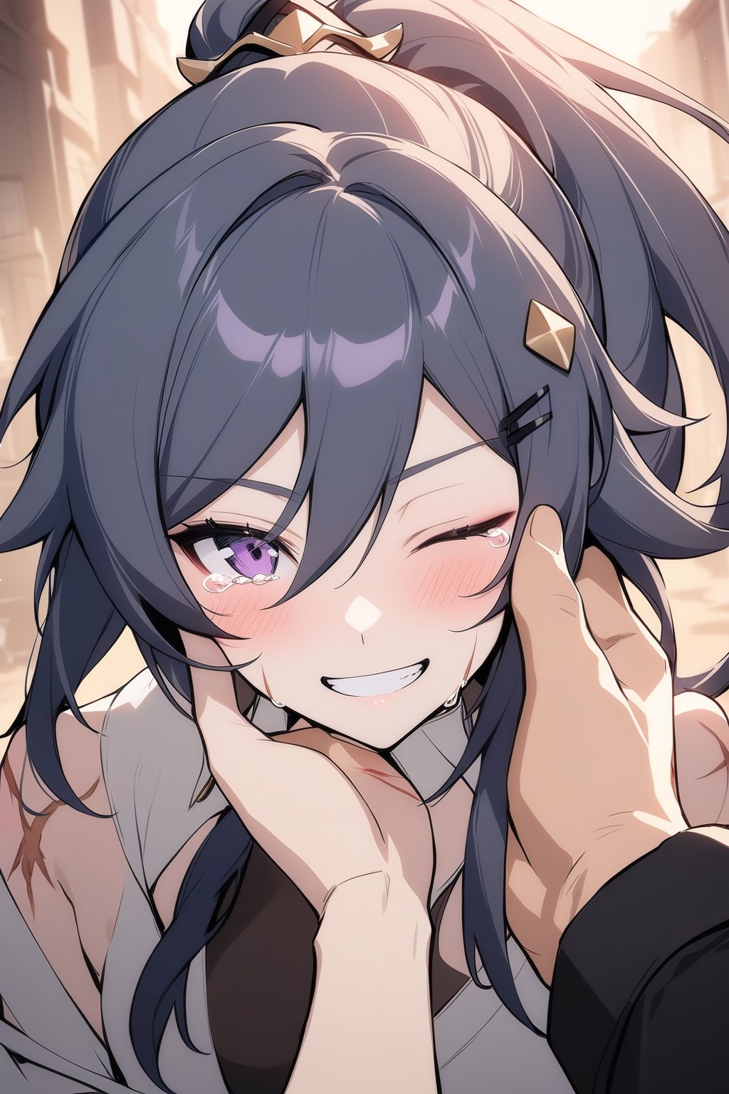 [[fu hua(Honkai Impact 3rd)]], (full body), nai3, 1girl, solo, artstyle,
1girl, long hair, looking at viewer, blush, smile, black hair, hair ornament, purple eyes, ponytail, one eye closed, solo focus, hairclip, tears, grin, pov, scar, out of frame, pov hands, hand on another's face, hand on another's cheek, burn scar