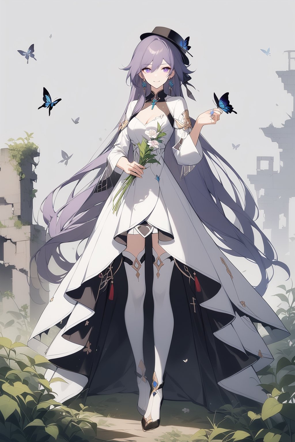 [[fu hua(Honkai Impact 3rd)]], (full body), nai3, 1girl, solo, artstyle,
1girl, solo, dress, ribbon, holding, standing, purple eyes, hair ribbon, purple hair, flower, white dress, official alternate costume, holding flower, ruins, overgrown, 1girl, solo, long hair, breasts, looking at viewer, smile, blue eyes, skirt, brown hair, thighhighs, cleavage, jewelry, medium breasts, hair ribbon, earrings, two side up, gem, solo, long hair, blue eyes, blonde hair, simple background, long sleeves, 1boy, hat, holding, very long hair, standing, male focus, grey background, cross, bug, butterfly, robe, butterfly on hand