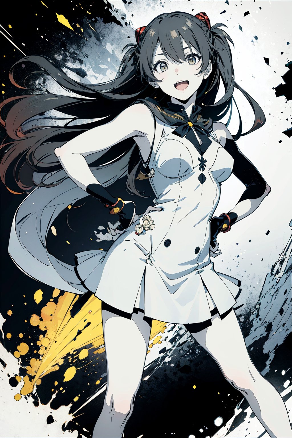 (masterpiece), 1girl, best quality, expressive eyes, perfect face,mature female, large breasts, braid, slim body, yellow eyes, hair ribbon, flat yellow color, lineart, abstract, flower, yellow theme, greyscale, monochrome, sleeveless dress, smile, open mouth, legs, hands on hips ,senti,kiana,lixue,fu hua\bengluo,souryuuasukalangley