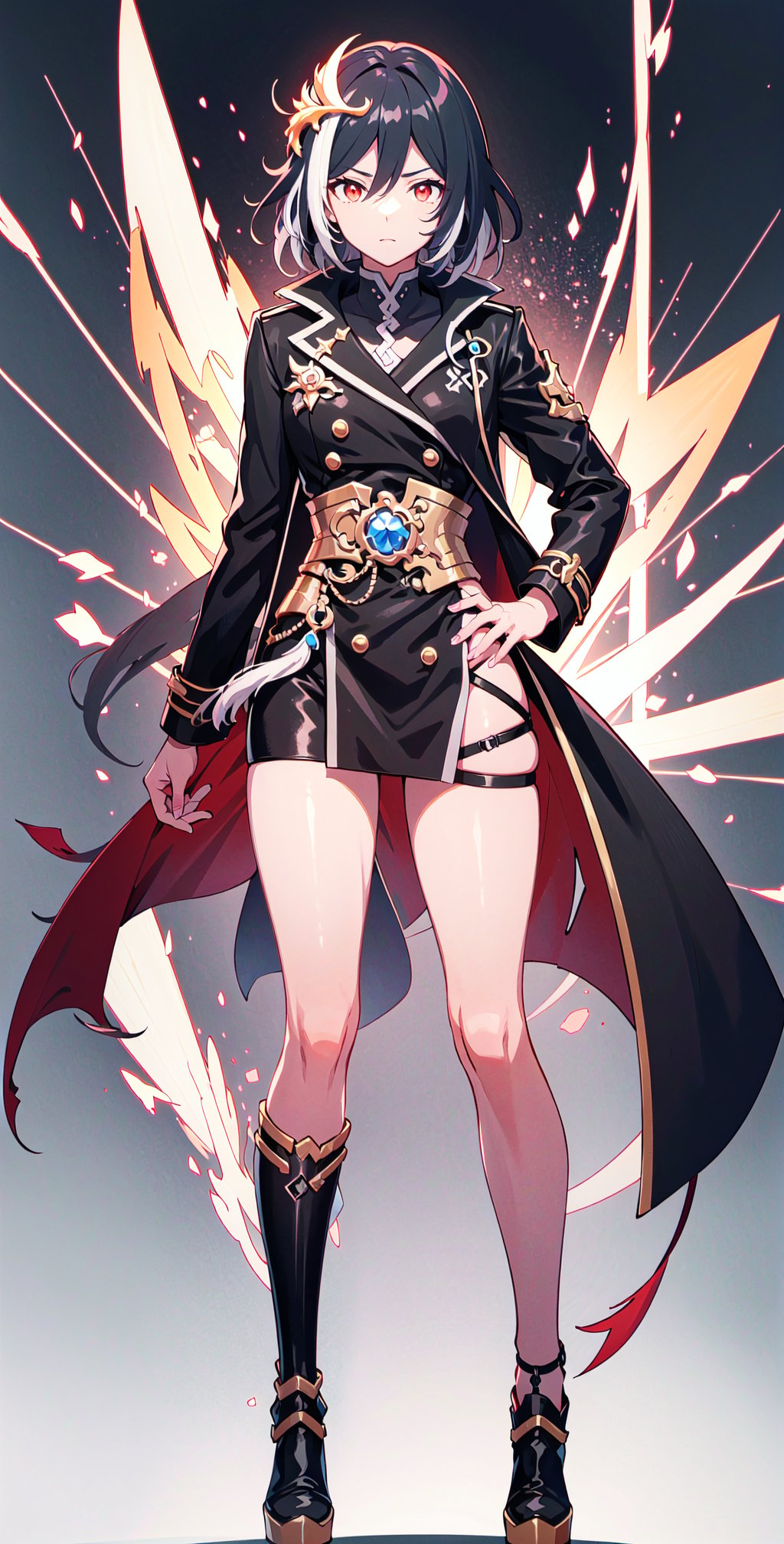 muscular mechanical body, glowing yellow eyes, ((black-hair)), ((leather long coat)) ,fu hua,short-hair,senti,full_body ,red eyes