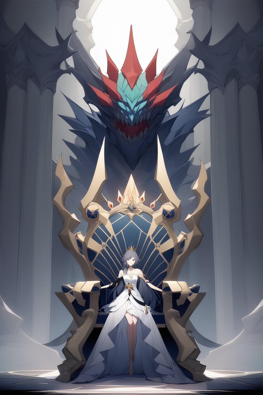 [[fu hua(Honkai Impact 3rd)]], (full body), nai3, 1girl, solo, artstyle,
1girl, 1boy, dress, holding, grey background, crown, monster, pillar, throne