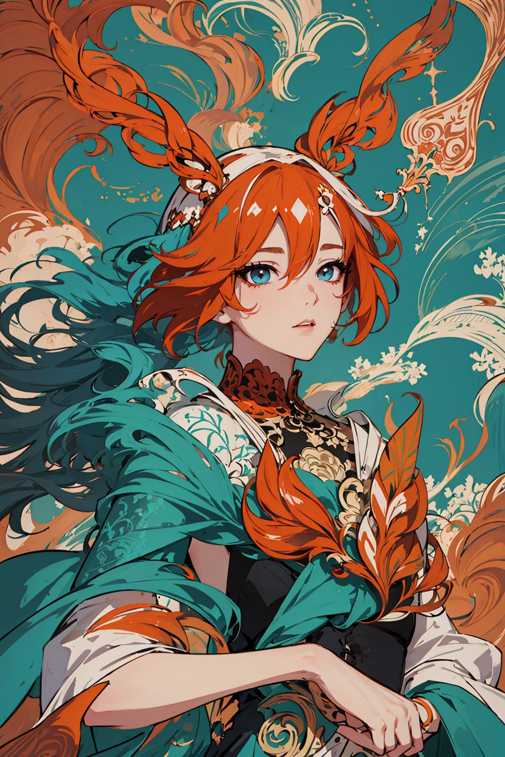 masterpiece, best quality, ultra high res, beautiful, elegant, graceful, award-winning art, 1girl, (style of Yuko Shimizu:1.4), (abstract art:1.2), style of rebecca guay, fu hua\bengluo, white_hair, orange_eyes, streaked_hair, fu hua, orange_hair, red_hair, fire, fiery_hair, hair_between_eyes, multicolored_hair, fu hua\bengluo, fiery_wings,fire, cloaked in flames, dark theme, visually stunning, gorgeous,cloud, fu hua\bengluo, 