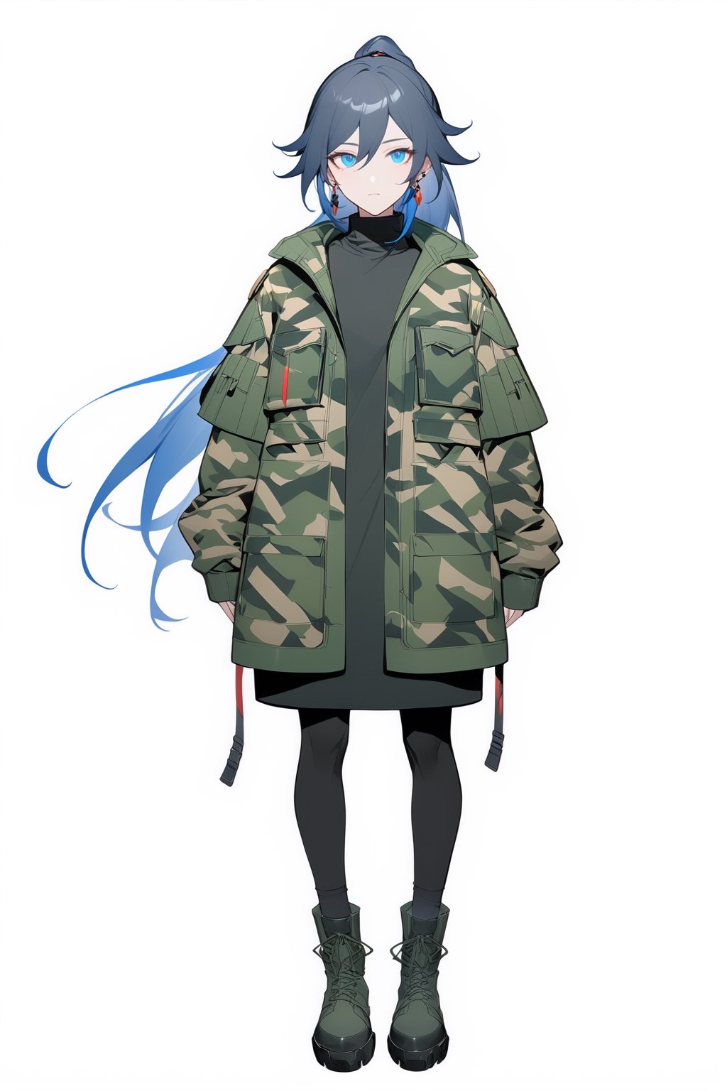 [[fu hua(Honkai Impact 3rd)]], (full body), nai3, 1girl, solo, artstyle,
1girl, solo, looking at viewer, bangs, blue eyes, simple background, black hair, white background, jewelry, closed mouth, blue hair, jacket, upper body, ponytail, earrings, book, military, green jacket, camouflage, camouflage jacket